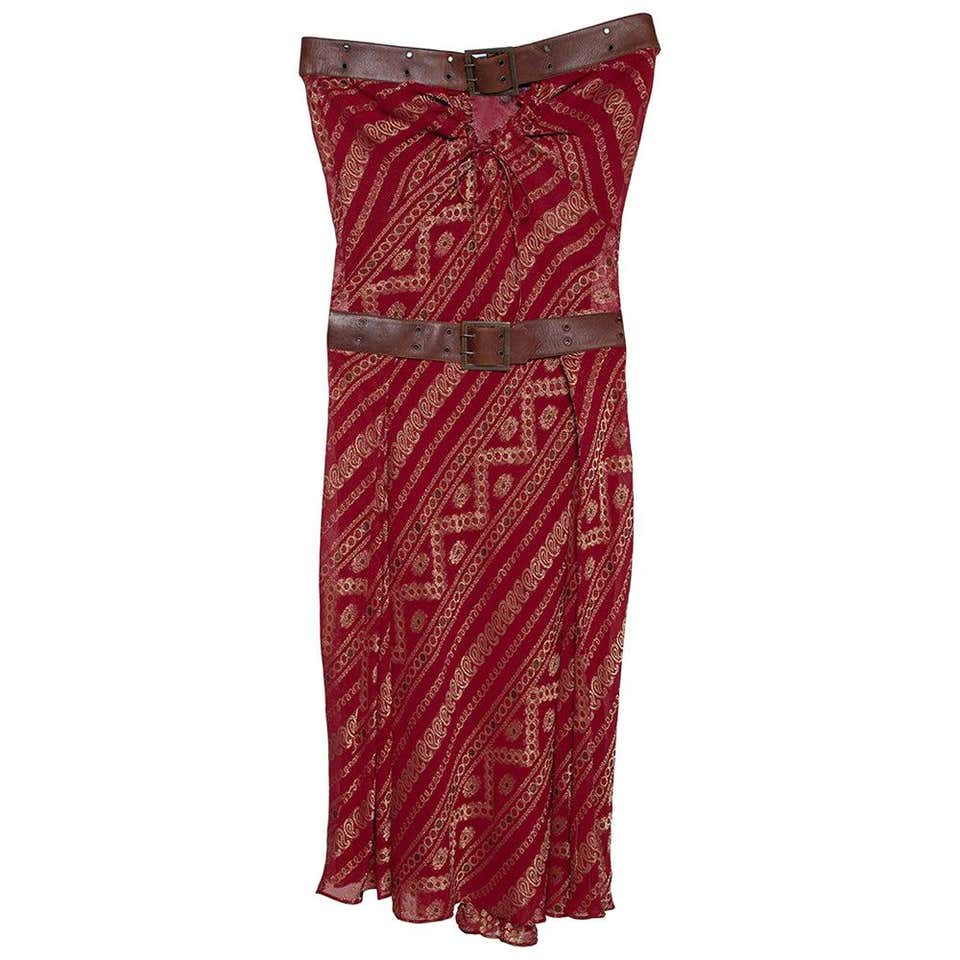 Christian Dior Boutique Maroon Brocade Belted Strapless Dress S at 1stDibs