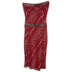 Christian Dior Boutique Maroon Brocade Belted Strapless Dress S