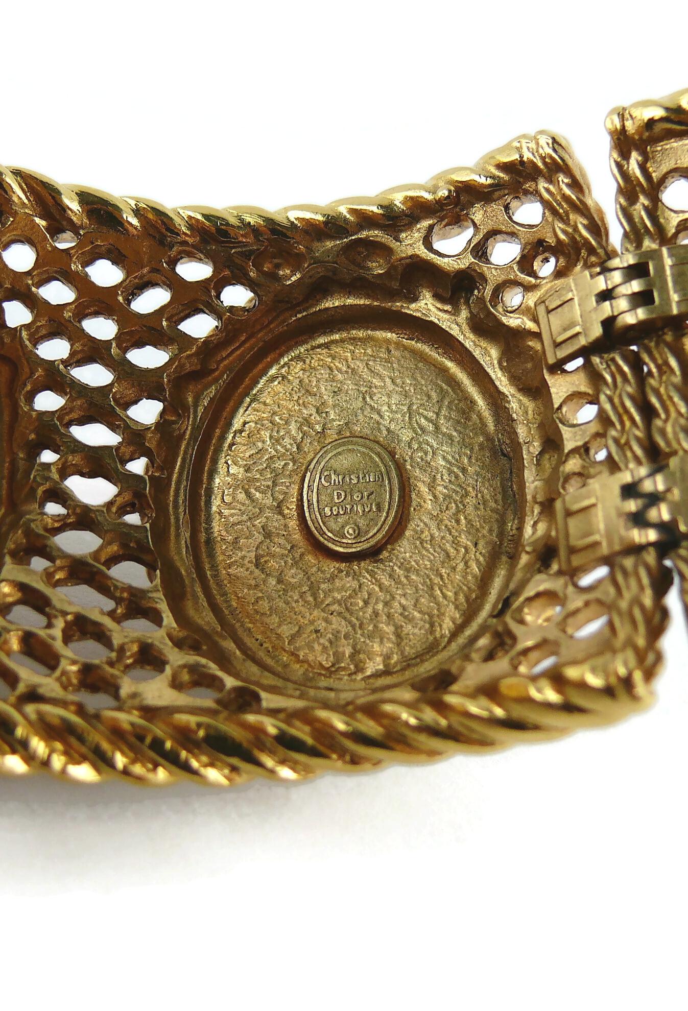 Christian Dior Boutique Massive Jewelled Gold Toned Latticework Cuff Bracelet For Sale 6