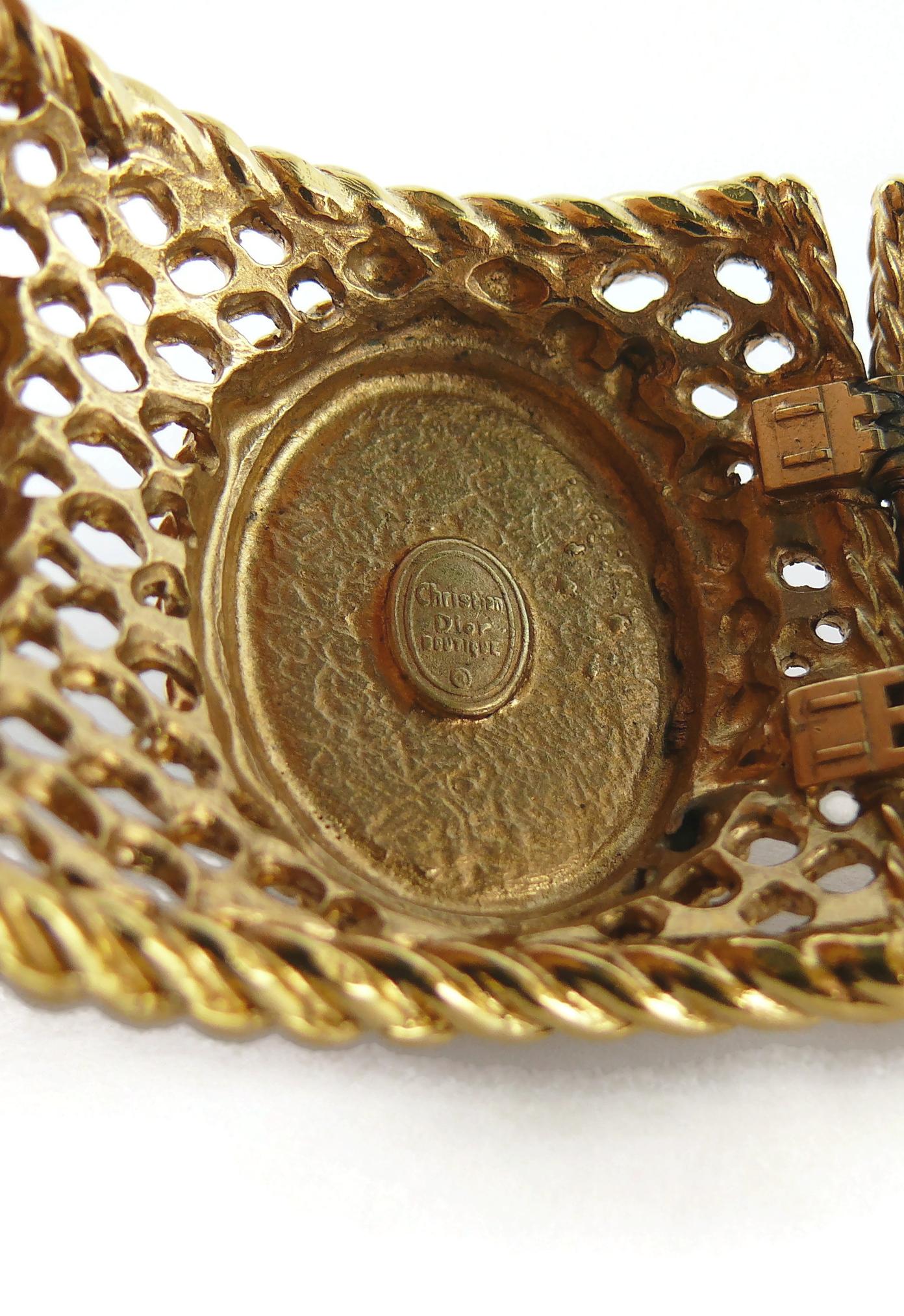 Christian Dior Boutique Massive Jewelled Gold Toned Latticework Cuff Bracelet For Sale 7