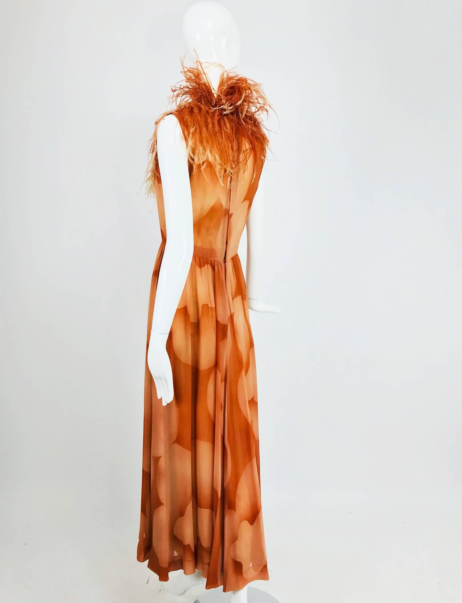 Brown Christian Dior Boutique numbered silk chiffon feather trimmed maxi dress, 1960s