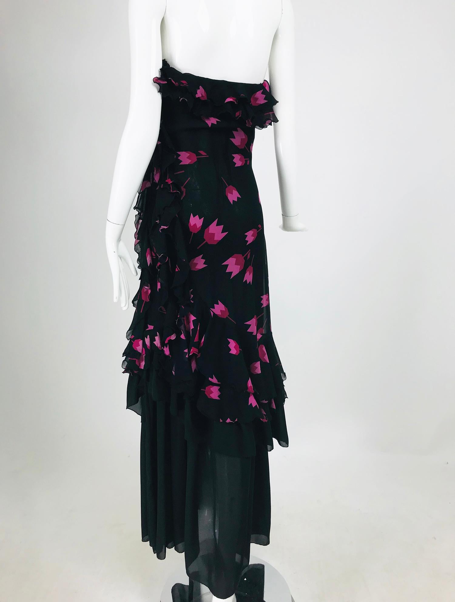 Christian Dior Boutique Paris Tulip print Strapless layered  Maxi Dress 1970s 2