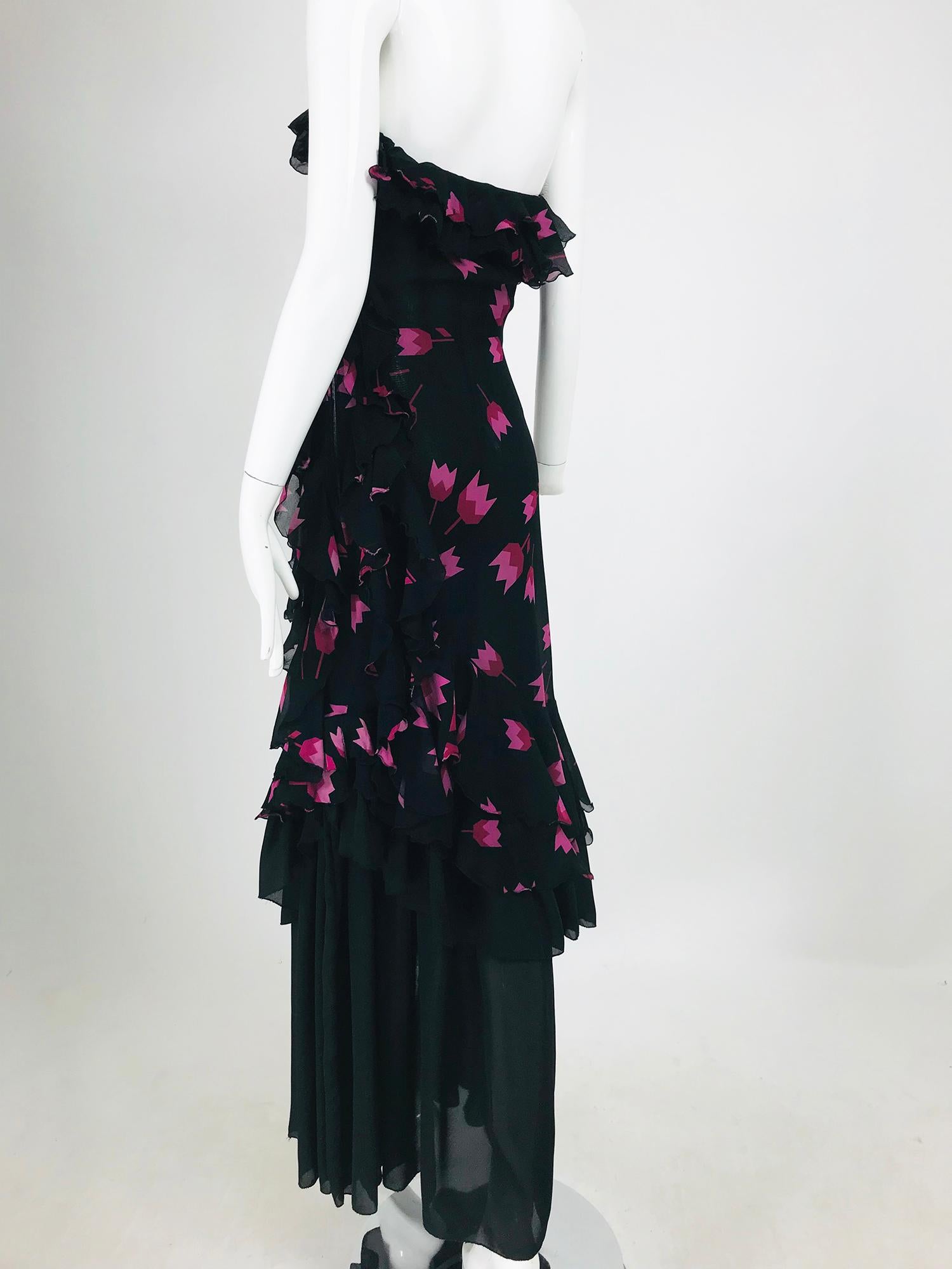 Christian Dior Boutique Paris Tulip print Strapless layered  Maxi Dress 1970s 3