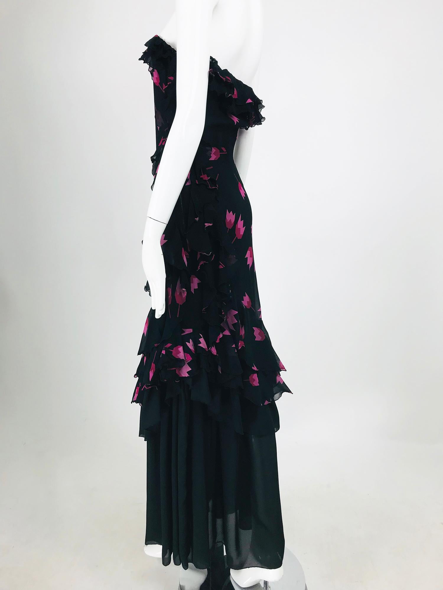 Christian Dior Boutique Paris Tulip print Strapless layered  Maxi Dress 1970s 4