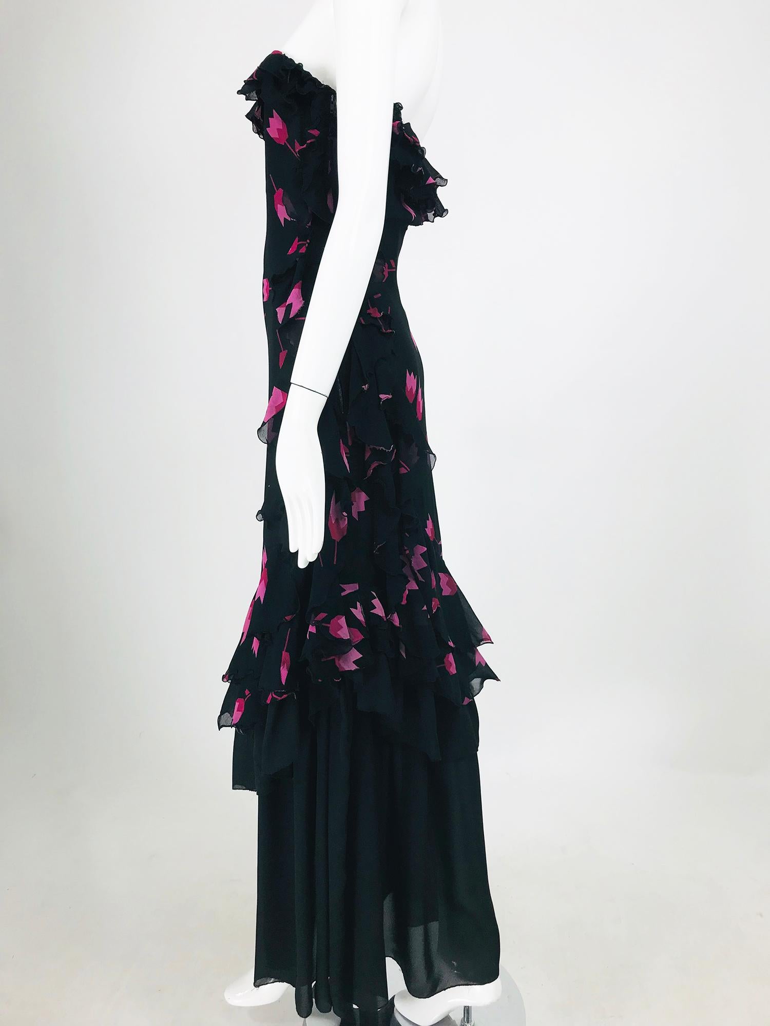 Christian Dior Boutique Paris Tulip print Strapless layered  Maxi Dress 1970s 5