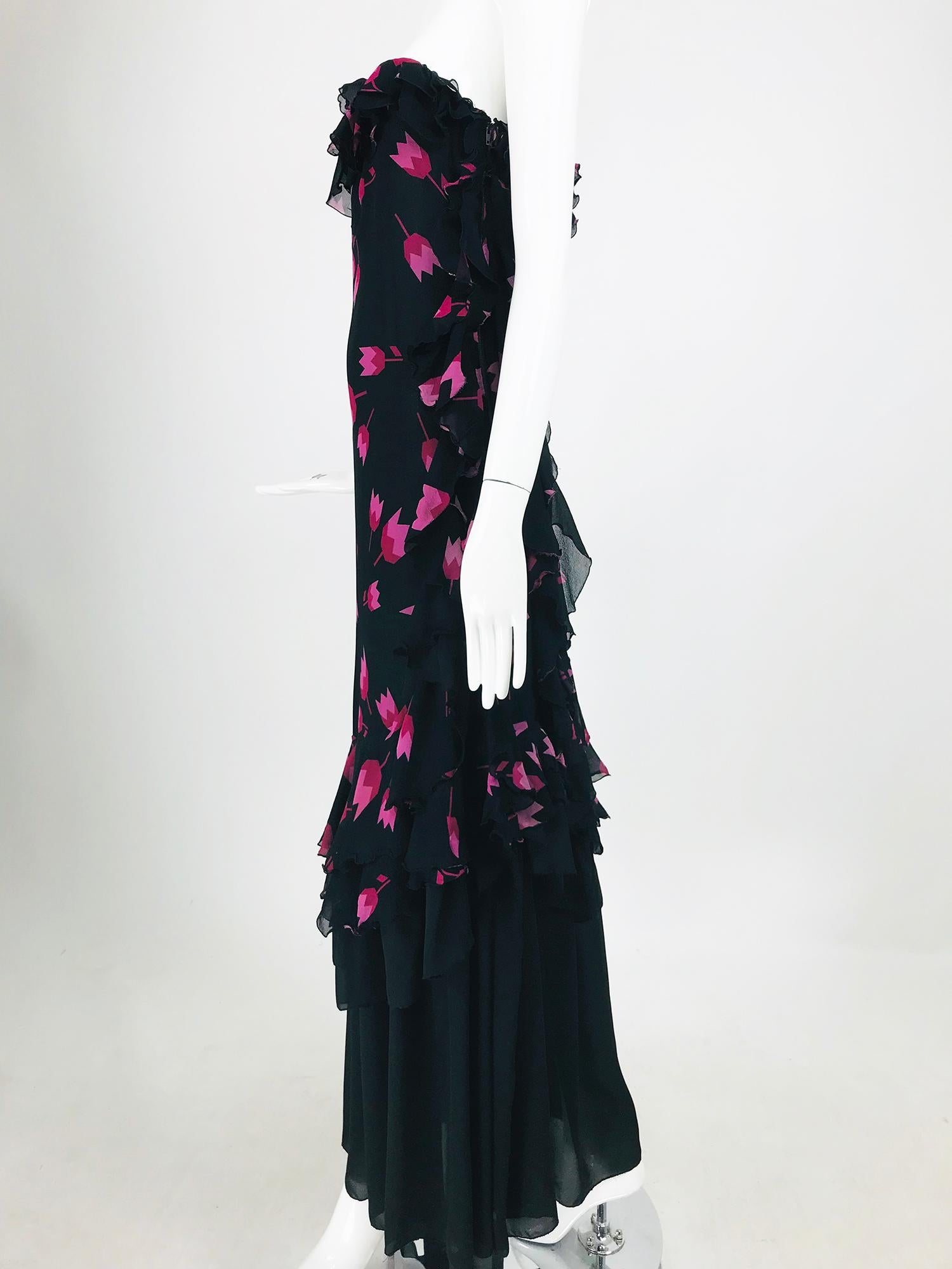 Christian Dior Boutique Paris Tulip print Strapless layered  Maxi Dress 1970s 6