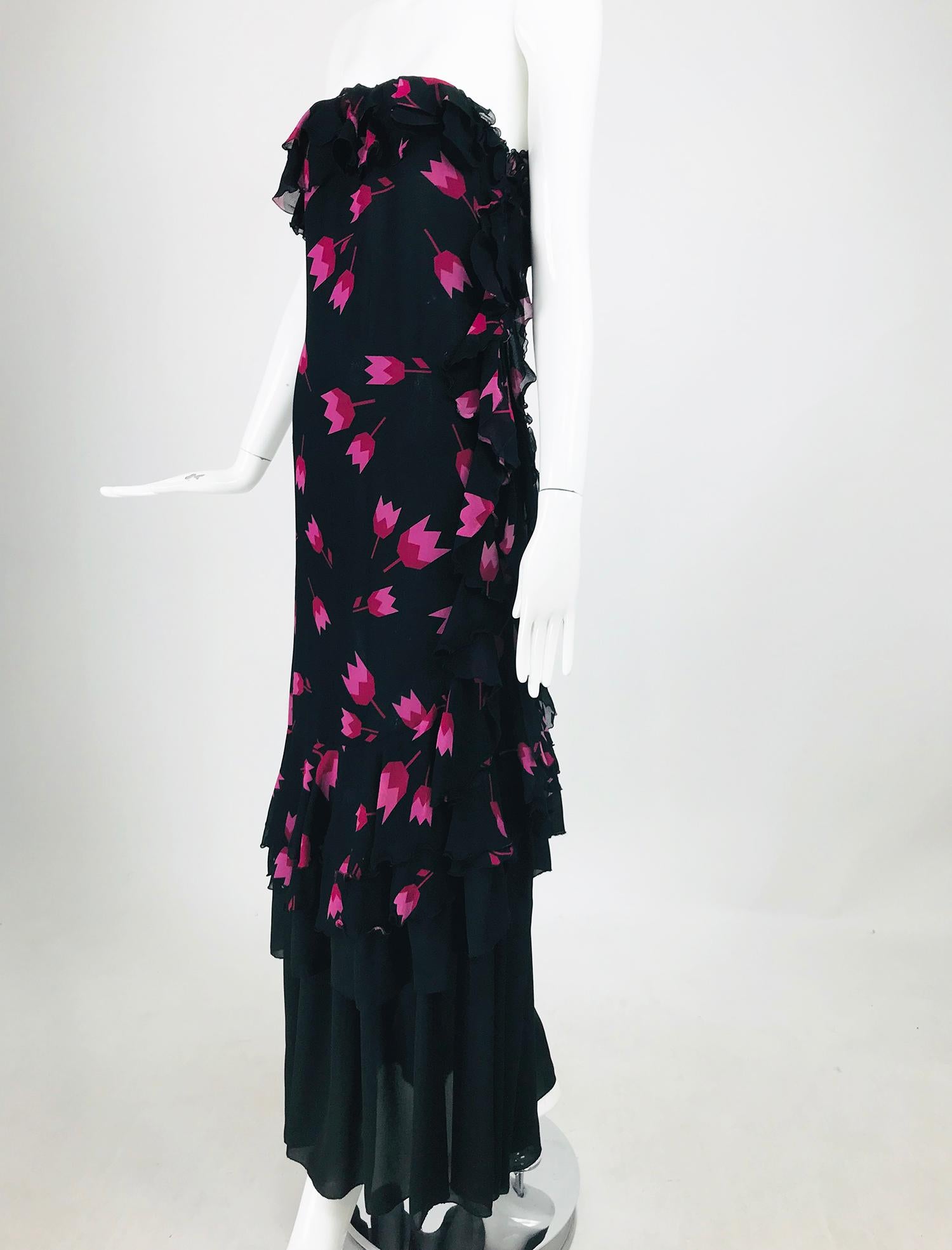 Christian Dior Boutique Paris Tulip print Strapless layered  Maxi Dress 1970s 7