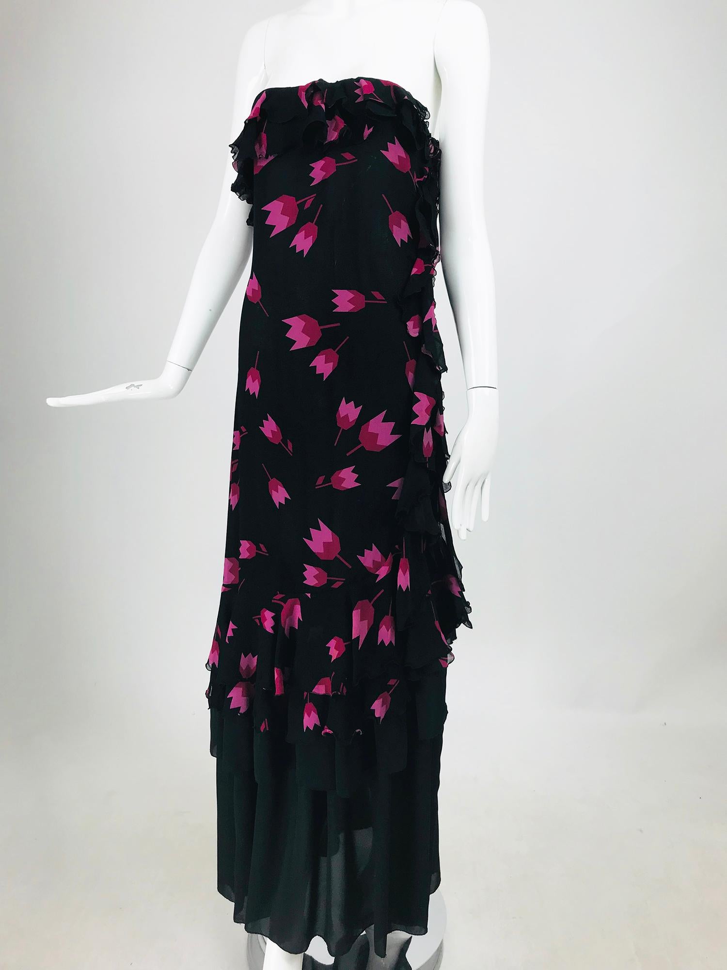 Christian Dior Boutique Paris Tulip print Strapless layered  Maxi Dress 1970s 8