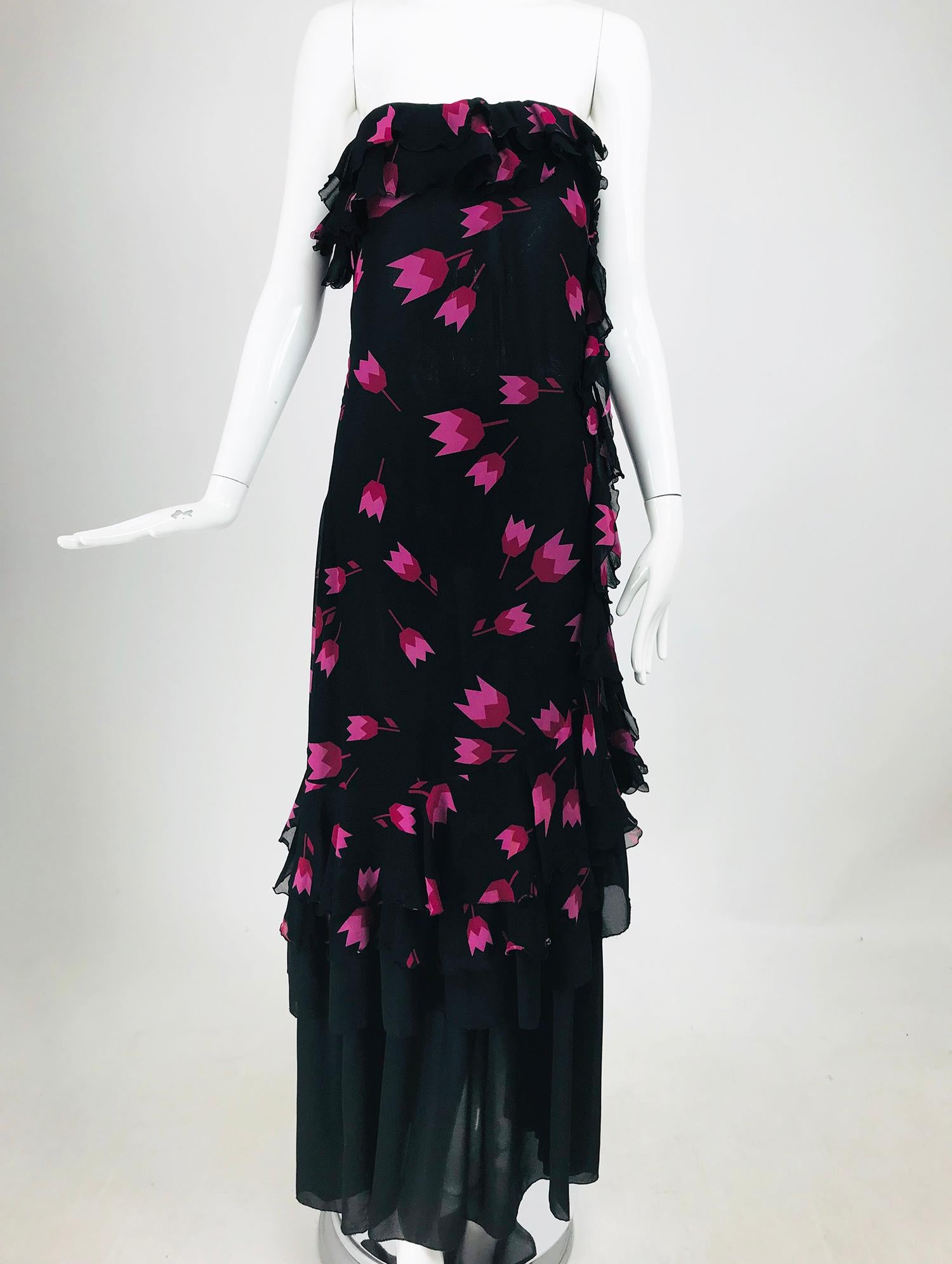 Christian Dior Boutique Paris Tulip print Strapless layered  Maxi Dress 1970s 9