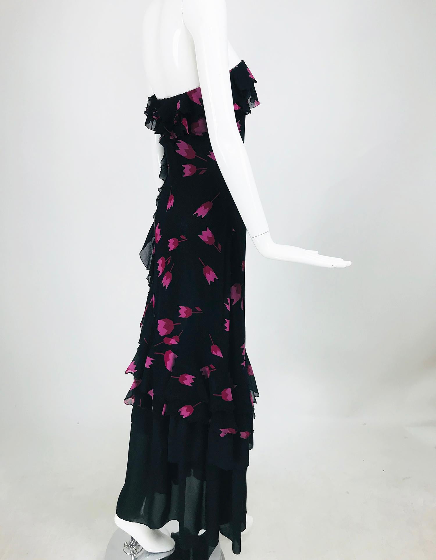 Black Christian Dior Boutique Paris Tulip print Strapless layered  Maxi Dress 1970s