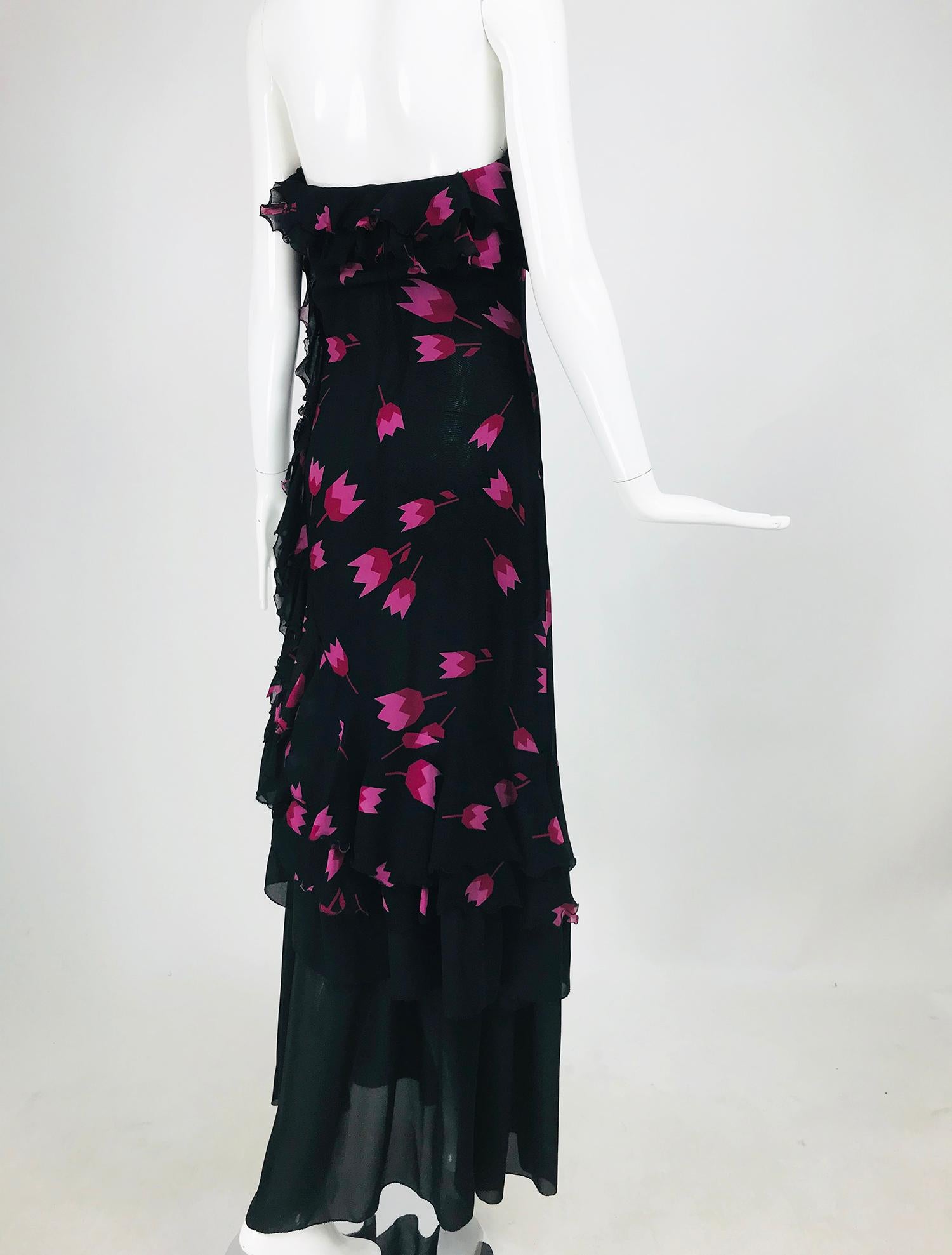 Christian Dior Boutique Paris Tulip print Strapless layered  Maxi Dress 1970s In Good Condition In West Palm Beach, FL