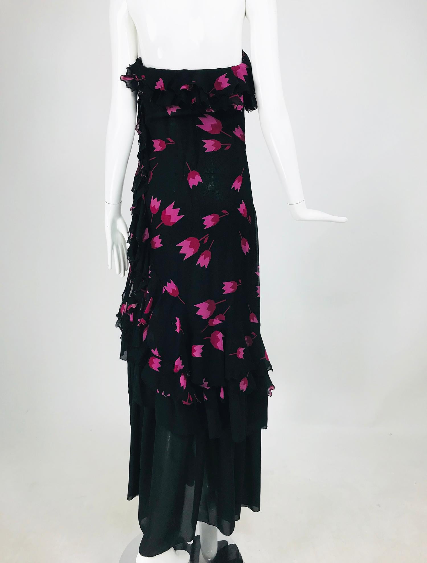 Women's Christian Dior Boutique Paris Tulip print Strapless layered  Maxi Dress 1970s