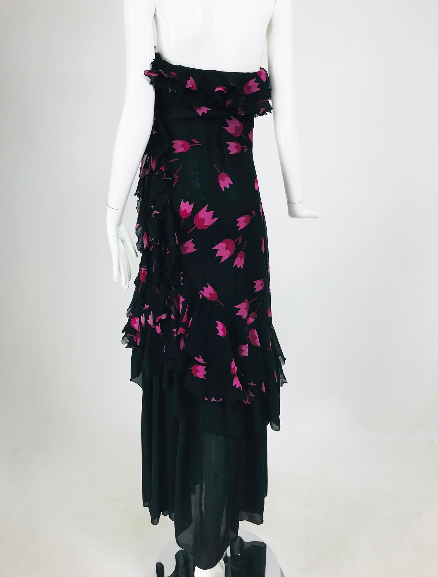 Christian Dior Boutique Paris Tulip print Strapless layered  Maxi Dress 1970s 1