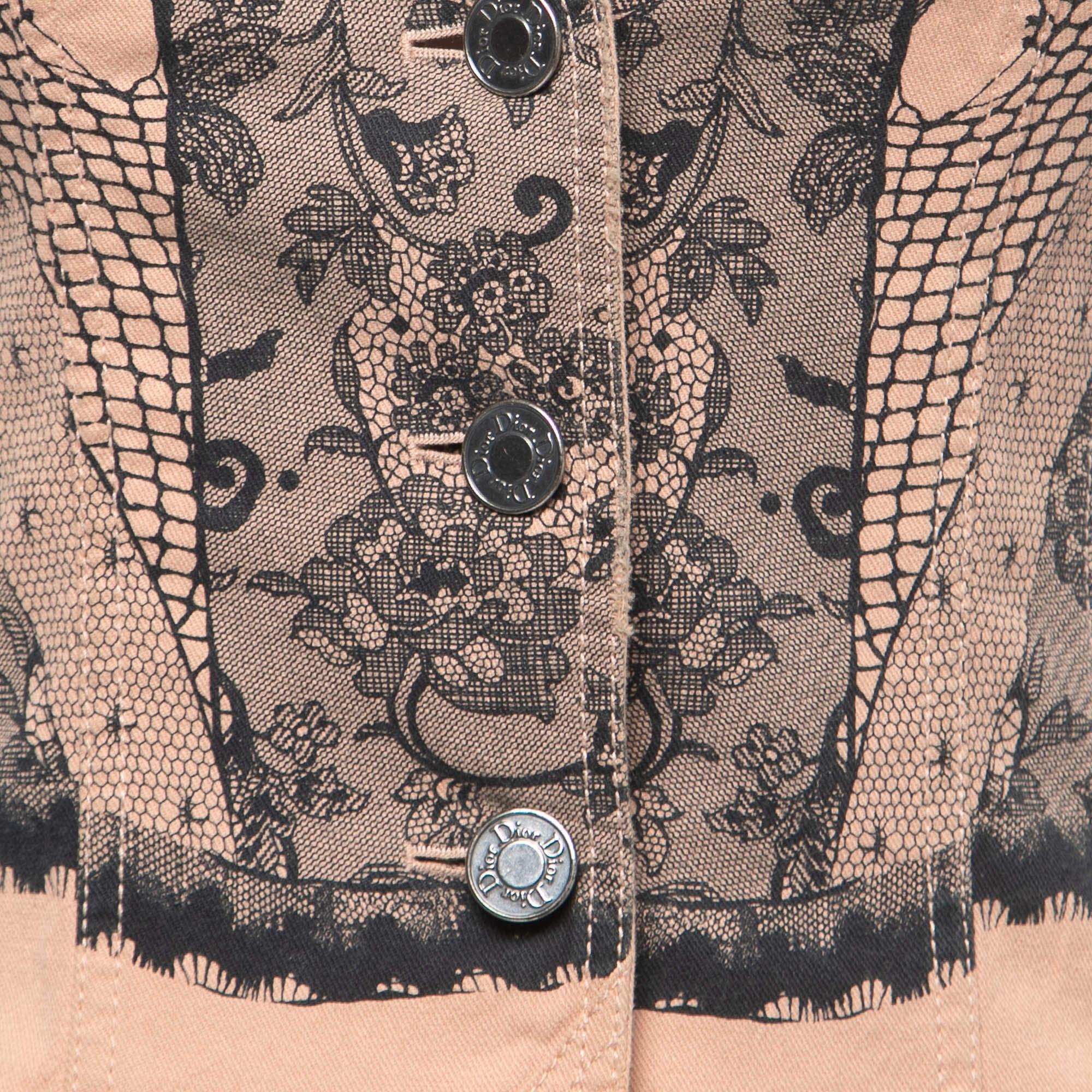 Beige Christian Dior Boutique Pink Lace Printed Denim Jacket