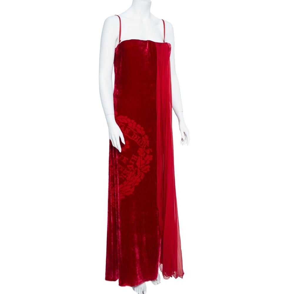 Christian Dior Boutique Red Devoré Velvet Chiffon Draped Gown XL In Good Condition In Dubai, Al Qouz 2