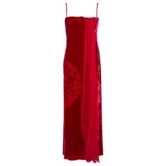 Christian Dior Boutique Red Devoré Velvet Chiffon Draped Gown XL