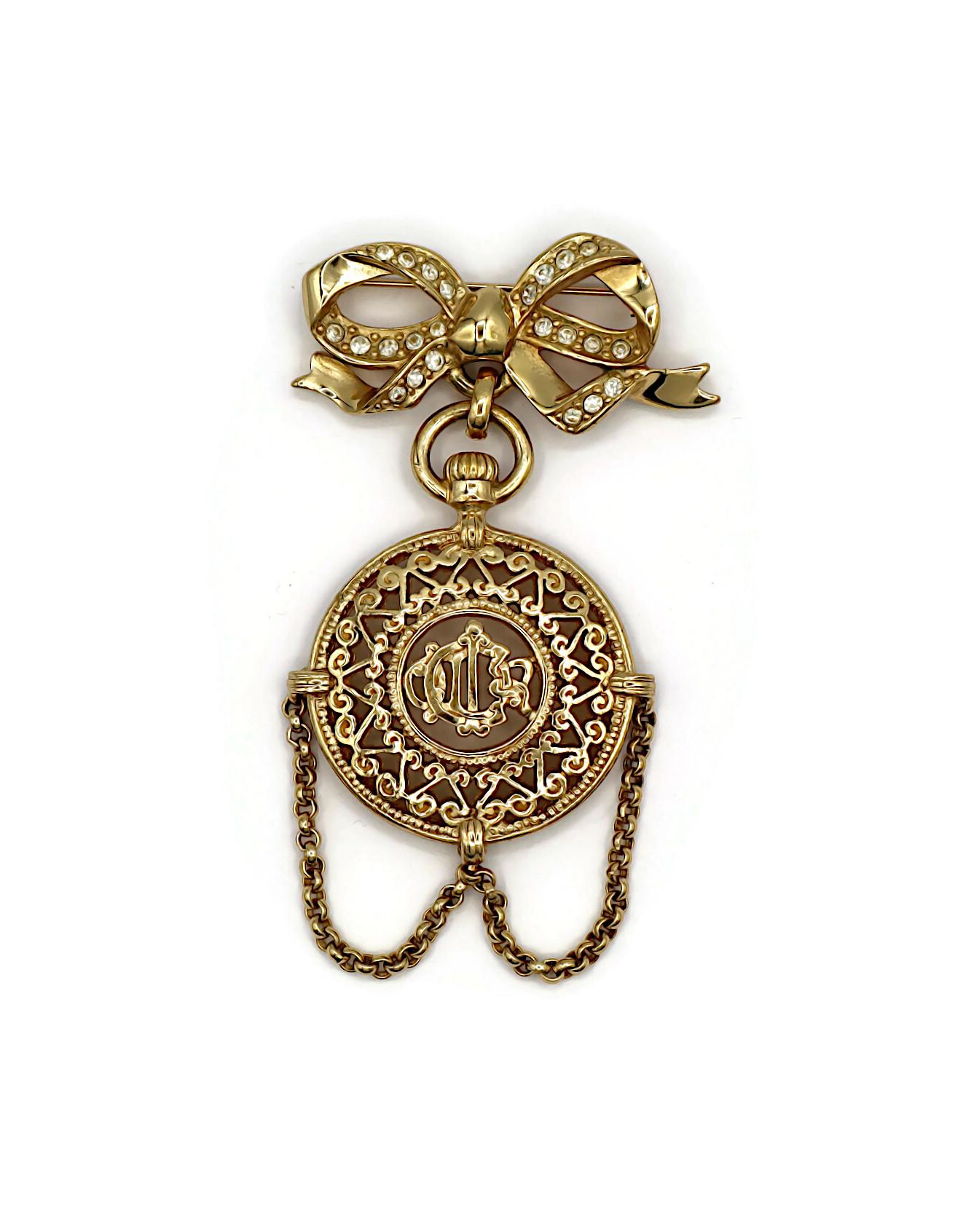 Women's CHRISTIAN DIOR BOUTIQUE Vintage Gold Tone Pocket Watch Design Dangle Brooch For Sale