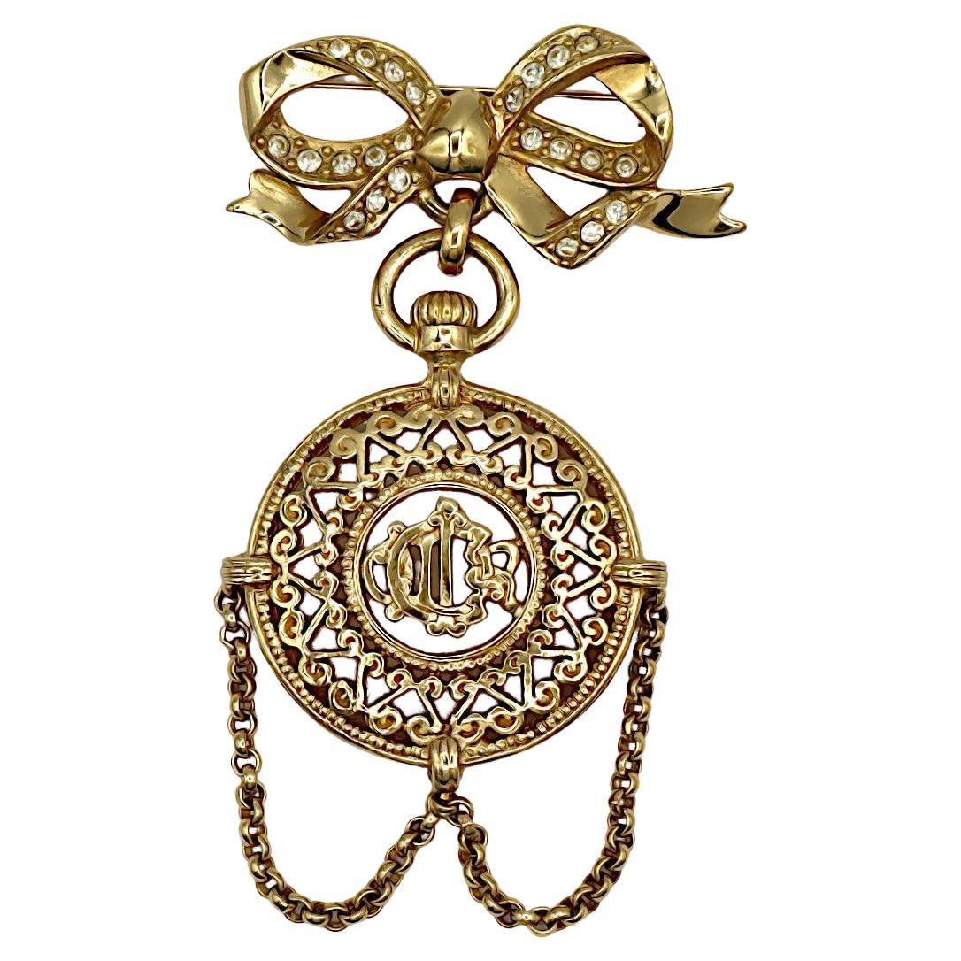 CHRISTIAN DIOR BOUTIQUE Vintage Gold Tone Pocket Watch Design Dangle Brooch For Sale