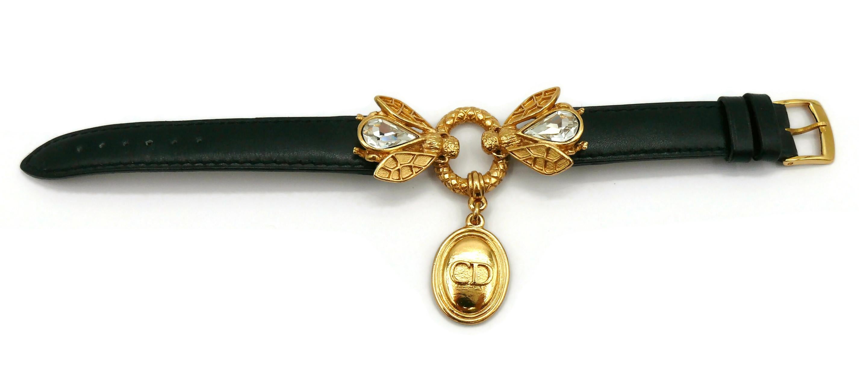 CHRISTIAN DIOR Boutique Vintage Jewelled Bee Leather Bracelet In Good Condition For Sale In Nice, FR