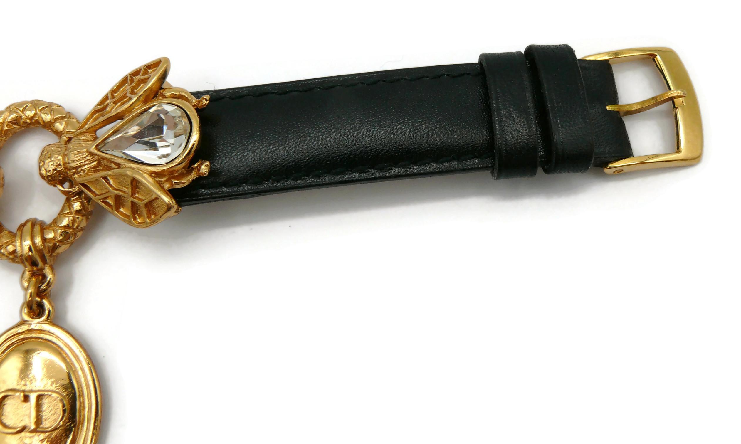 CHRISTIAN DIOR Boutique Vintage Jewelled Bee Leather Bracelet For Sale 2