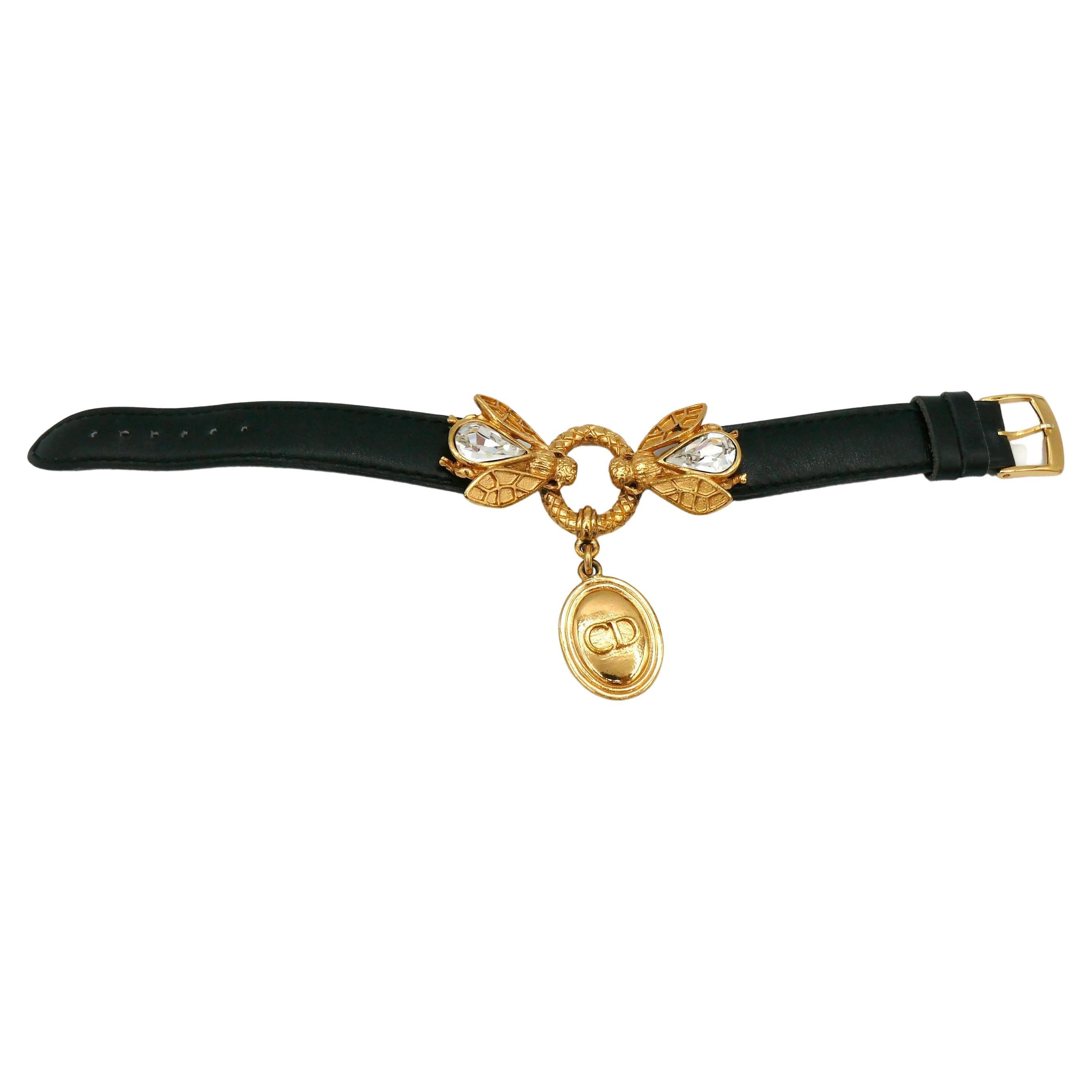 Christian Dior Boutique Vintage Jewelled Bee Leather Bracelet For Sale