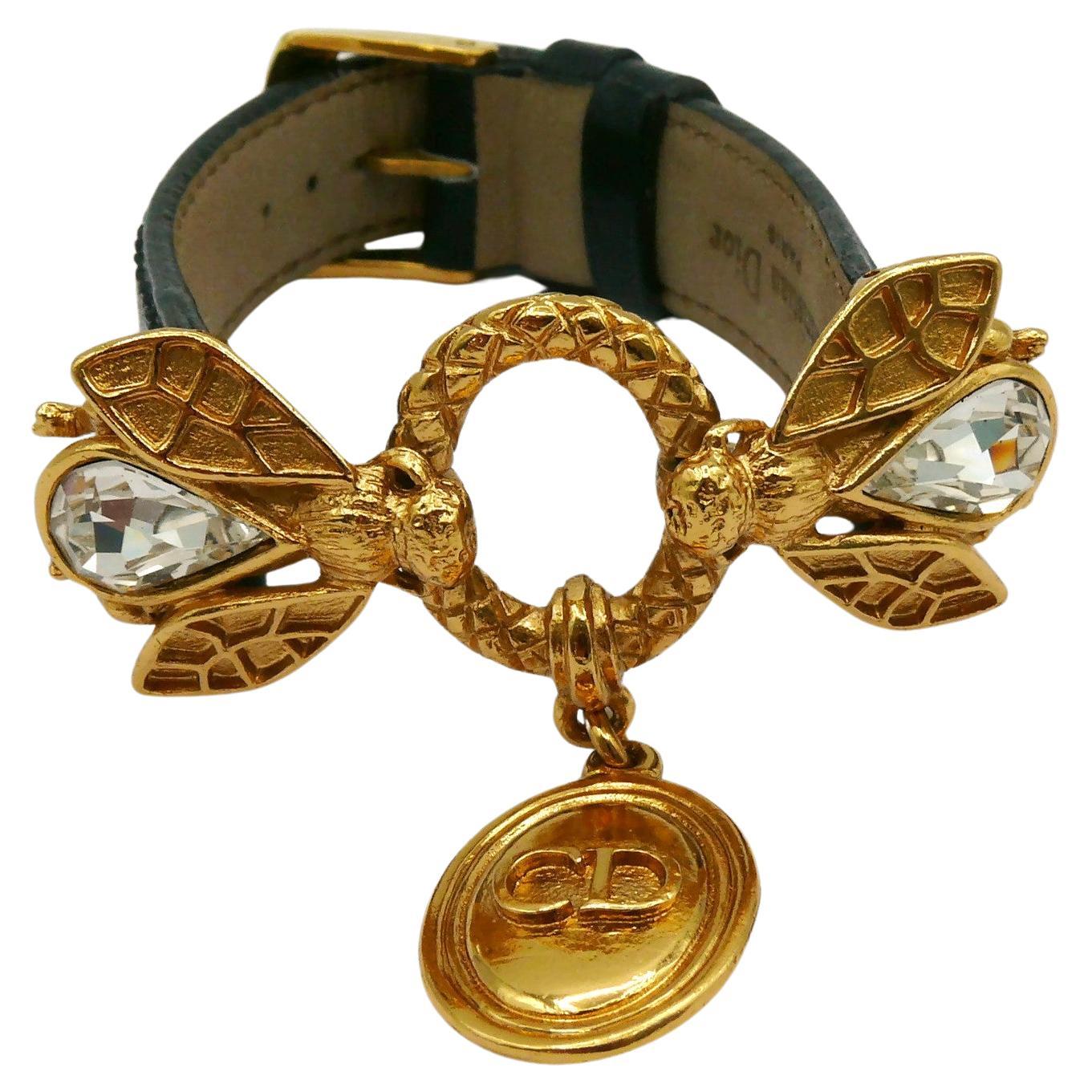 CHRISTIAN DIOR Boutique Vintage Jewelled Bee Leather Bracelet For Sale