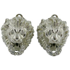 Christian Dior Boutique Vintage Jewelled Silver Tone Lion Door Knocker Earrings