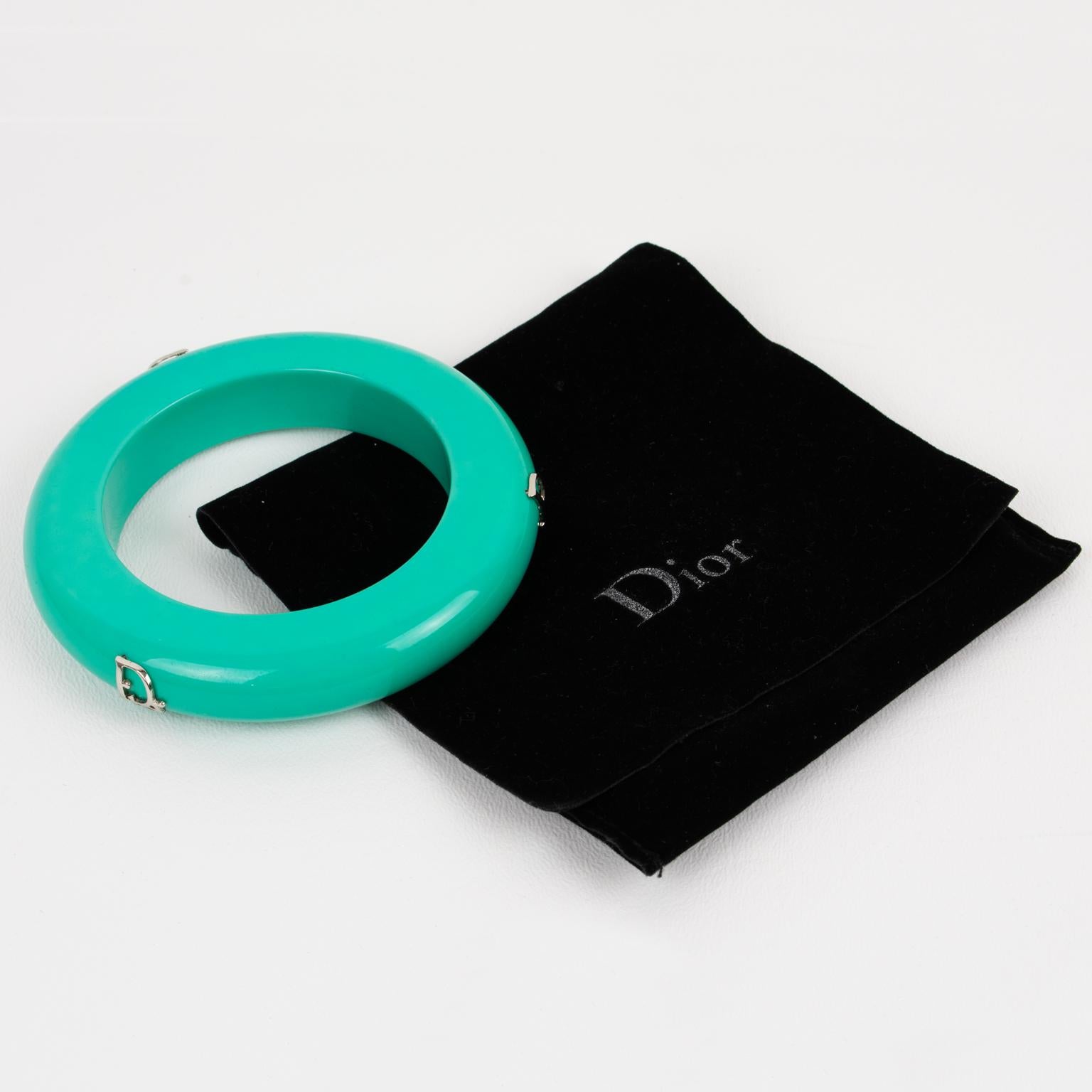 Christian Dior Bracelet Bangle Turquoise Acrylic and Silver Dior Logos In Excellent Condition For Sale In Atlanta, GA
