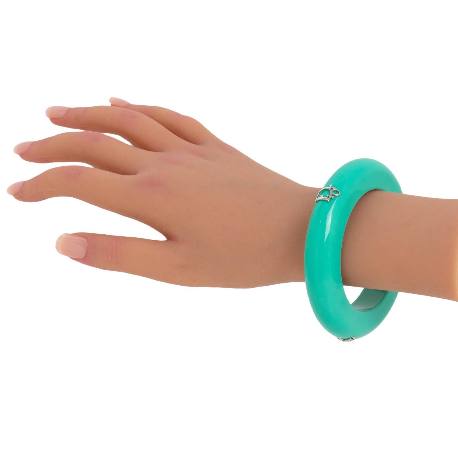 Christian Dior Bracelet Bangle Turquoise Acrylic and Silver Dior Logos For Sale 1