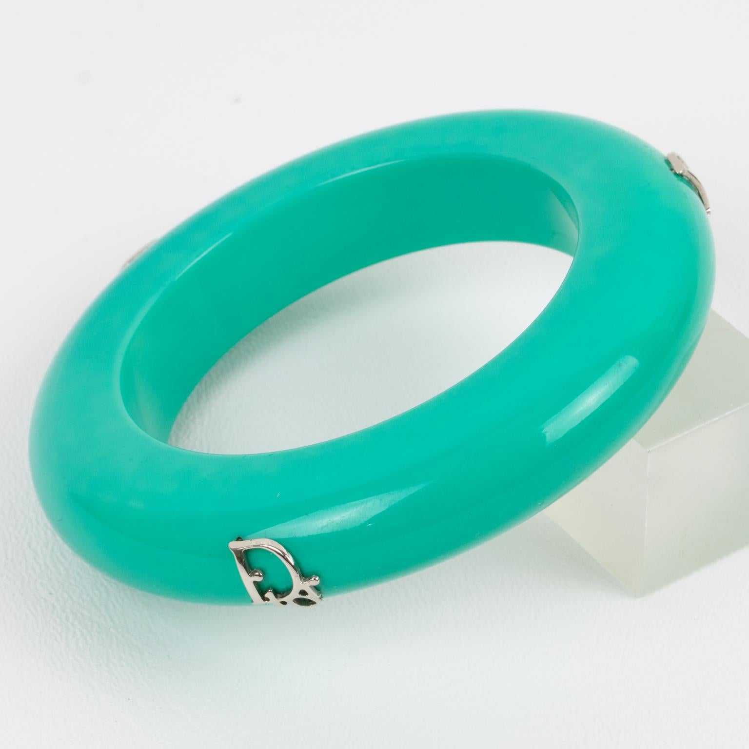 Christian Dior Bracelet Bangle Turquoise Acrylic and Silver Dior Logos For Sale 2
