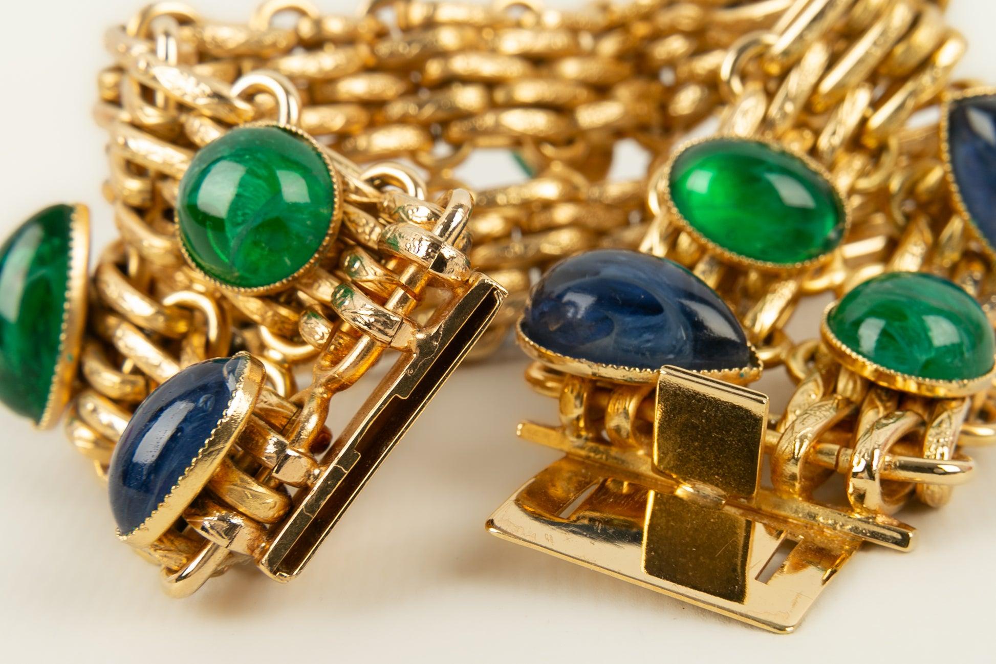 Bracelet Christian Dior en métal doré avec cabochons en pâte de verre en vente 1