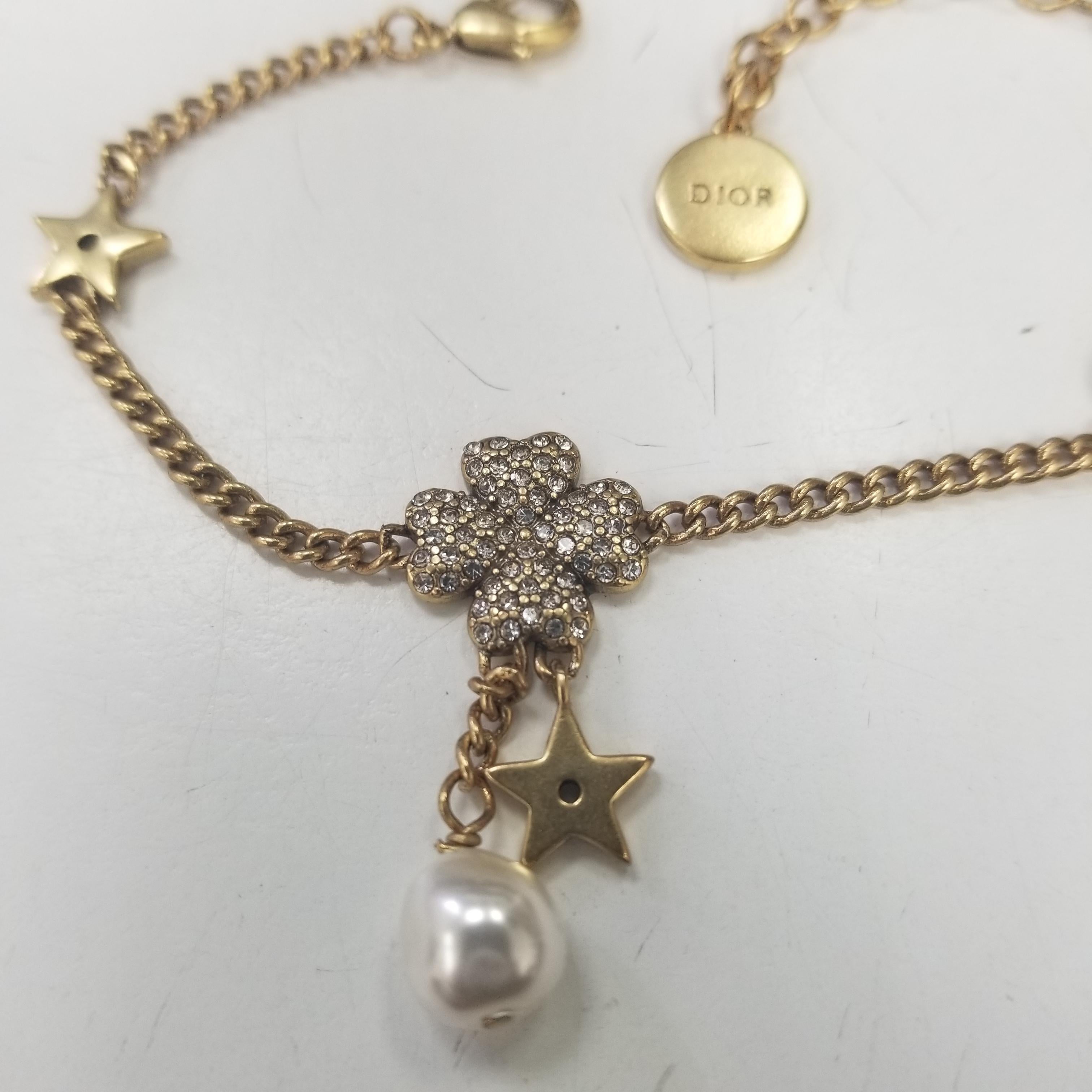 Christian Dior Bracelet with clover, pearl and star in Gold with Adjustable Chain
