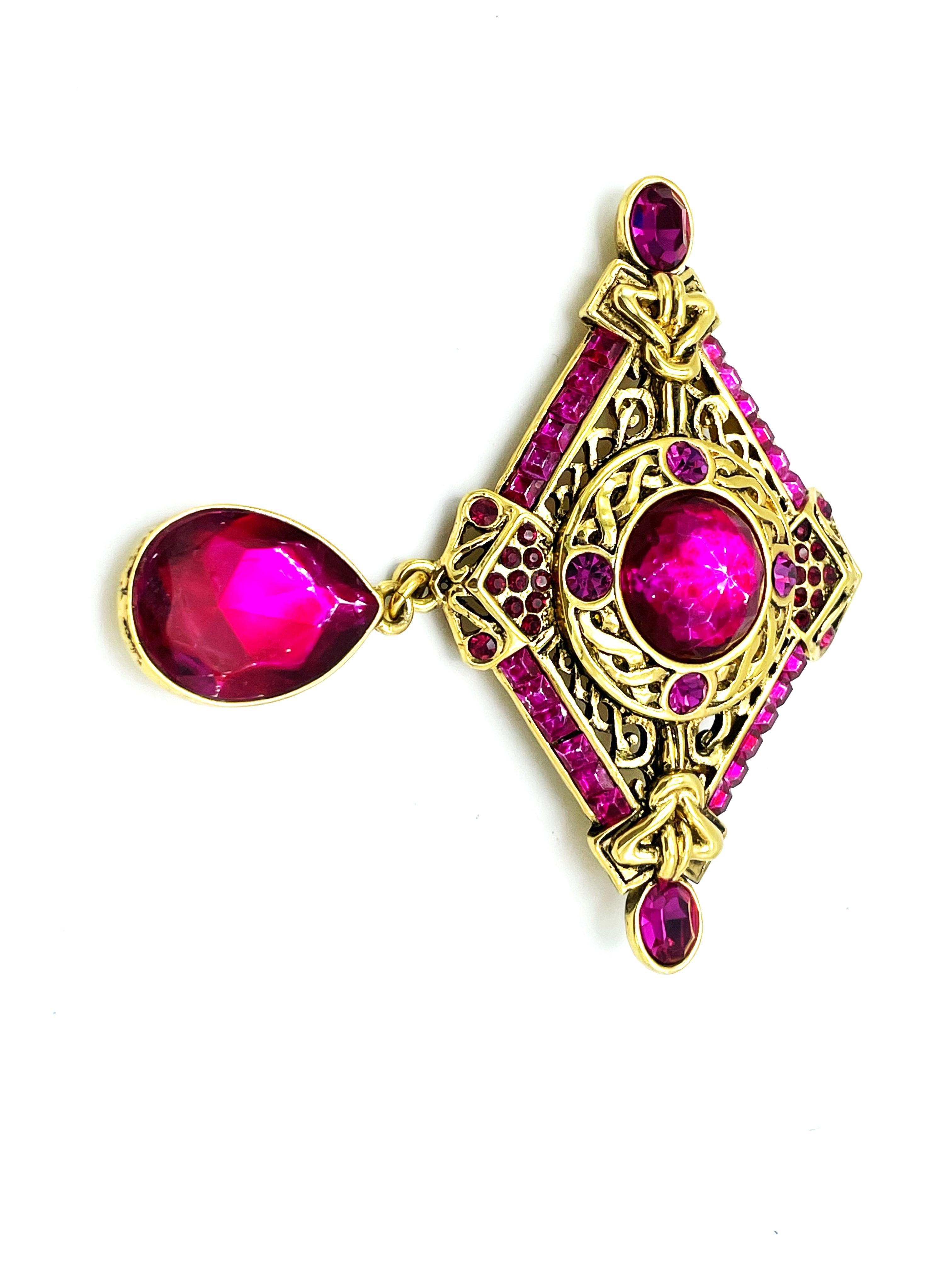 Art Deco CHRISTIAN DIOR BROOCH gold-plated metal and pink colored  rhinestones , France For Sale