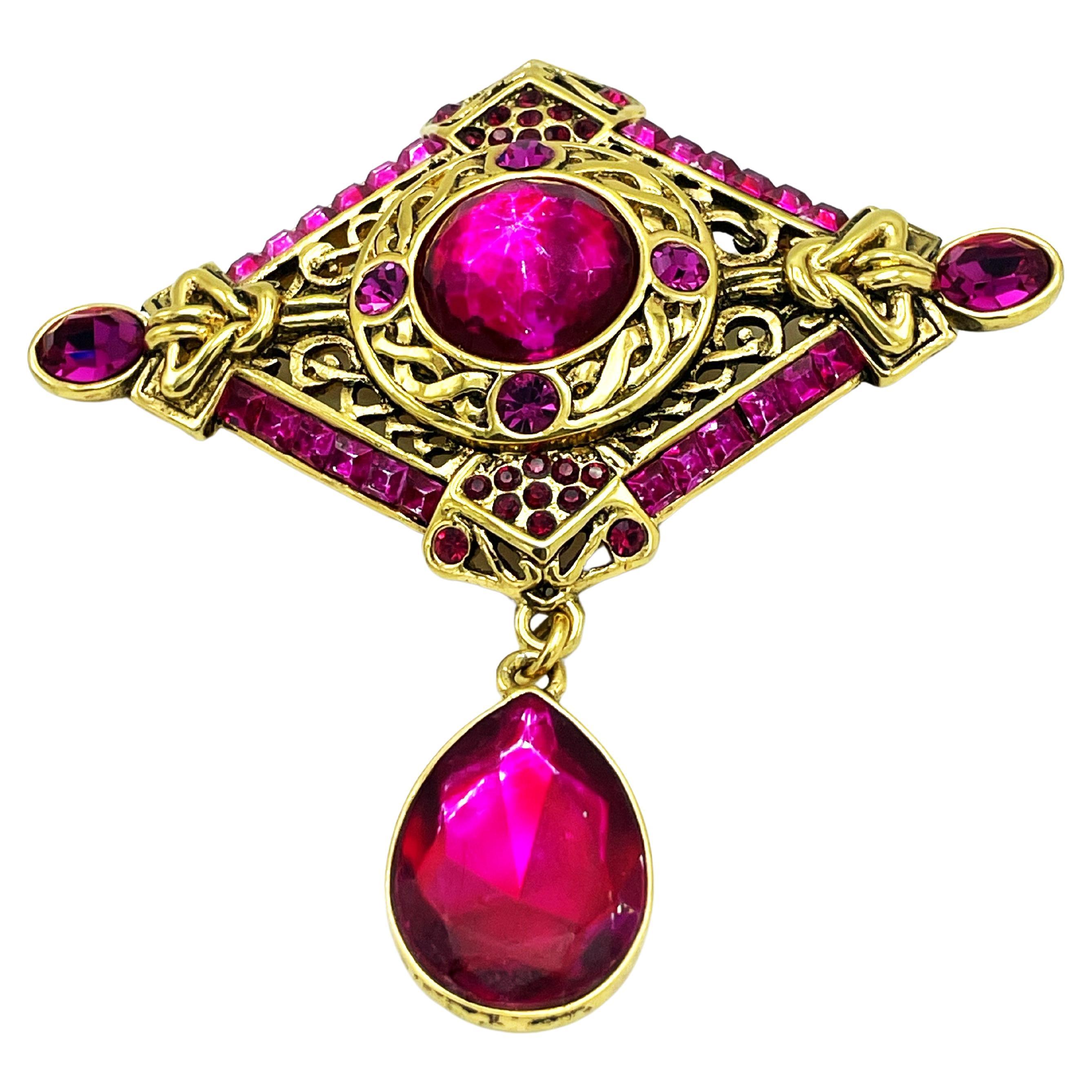 CHRISTIAN DIOR BROOCH gold-plated metal and pink colored  rhinestones , France For Sale