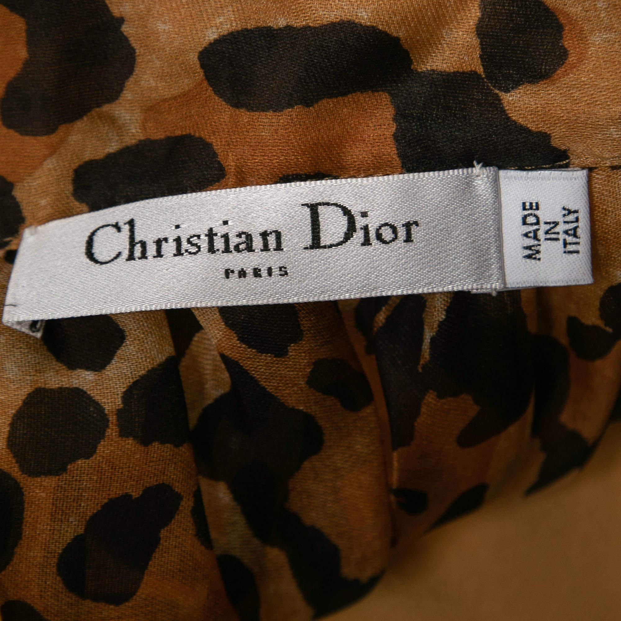 Christian Dior Brown Animal Print Silk Top & Pants Set L In Excellent Condition In Dubai, Al Qouz 2