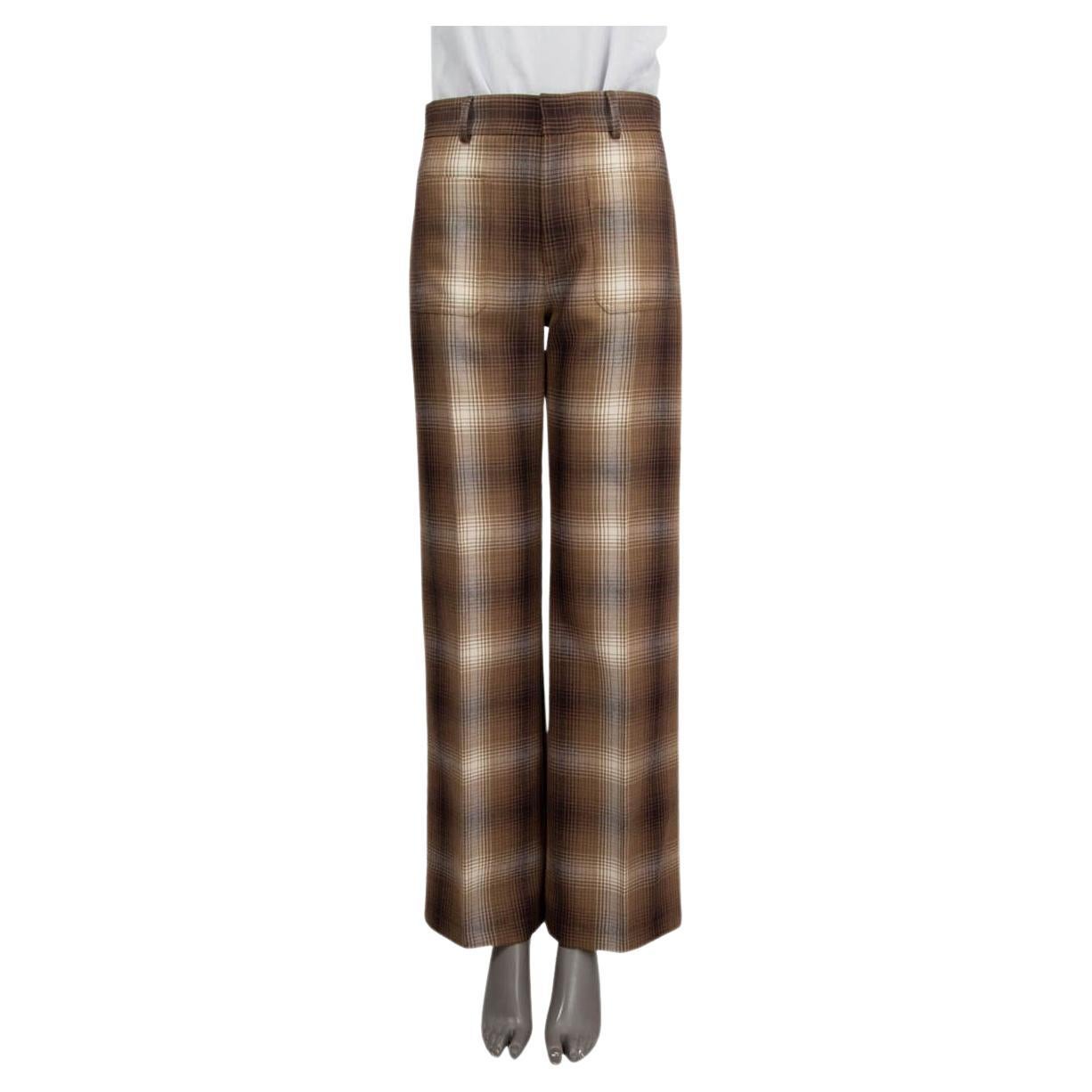 CHRISTIAN DIOR brown beige wool 2020 PLAID CHECK WIDE LEG Pants 36 XS For Sale