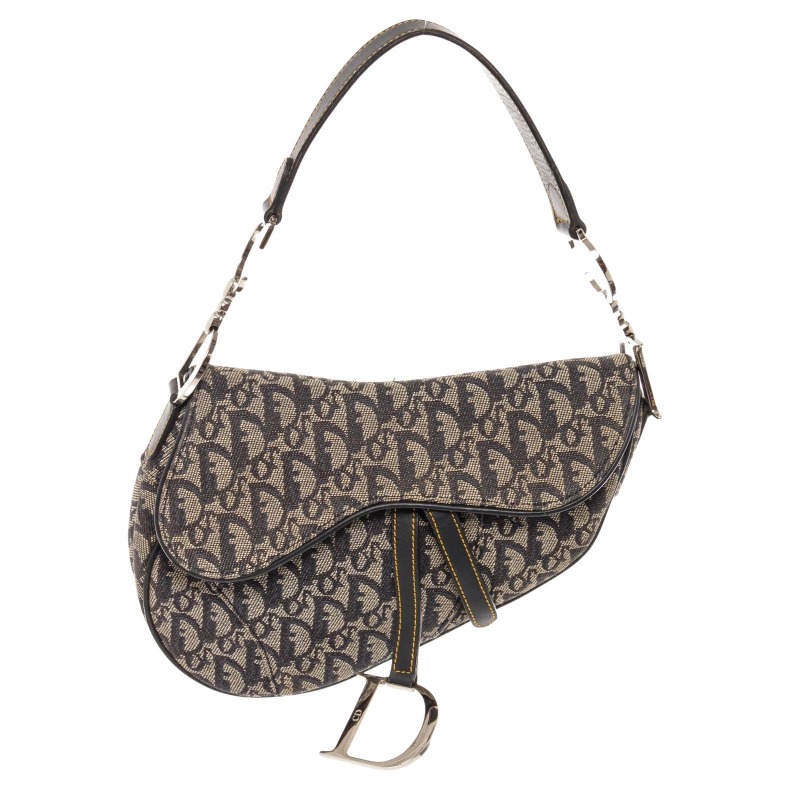 Christian Dior Black White Embroidered Leather Medium Saddle Bag at