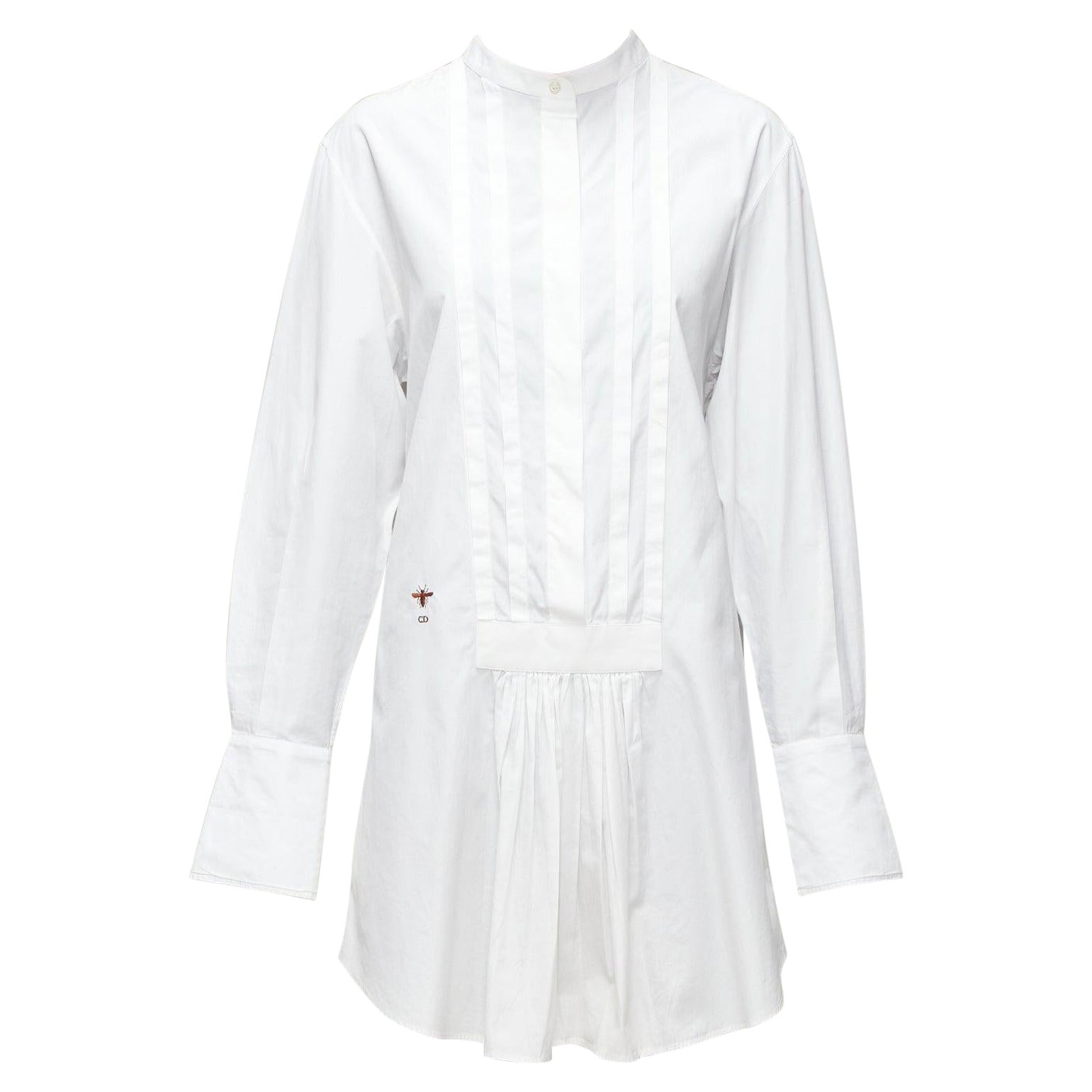 CHRISTIAN DIOR brown CD logo bee white cotton pleat shirt dress FR36 S