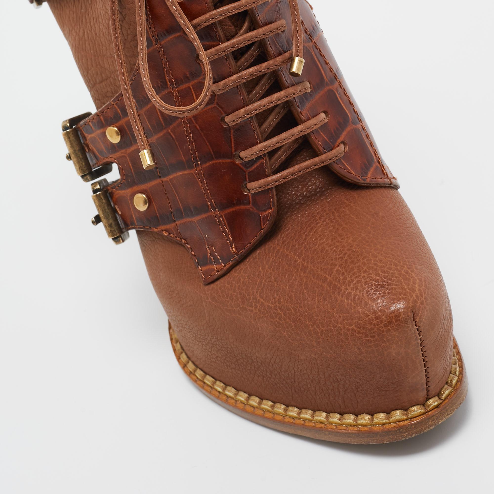 Women's Christian Dior Brown Croc Embossed and Leather Lace Up Boots Size 35