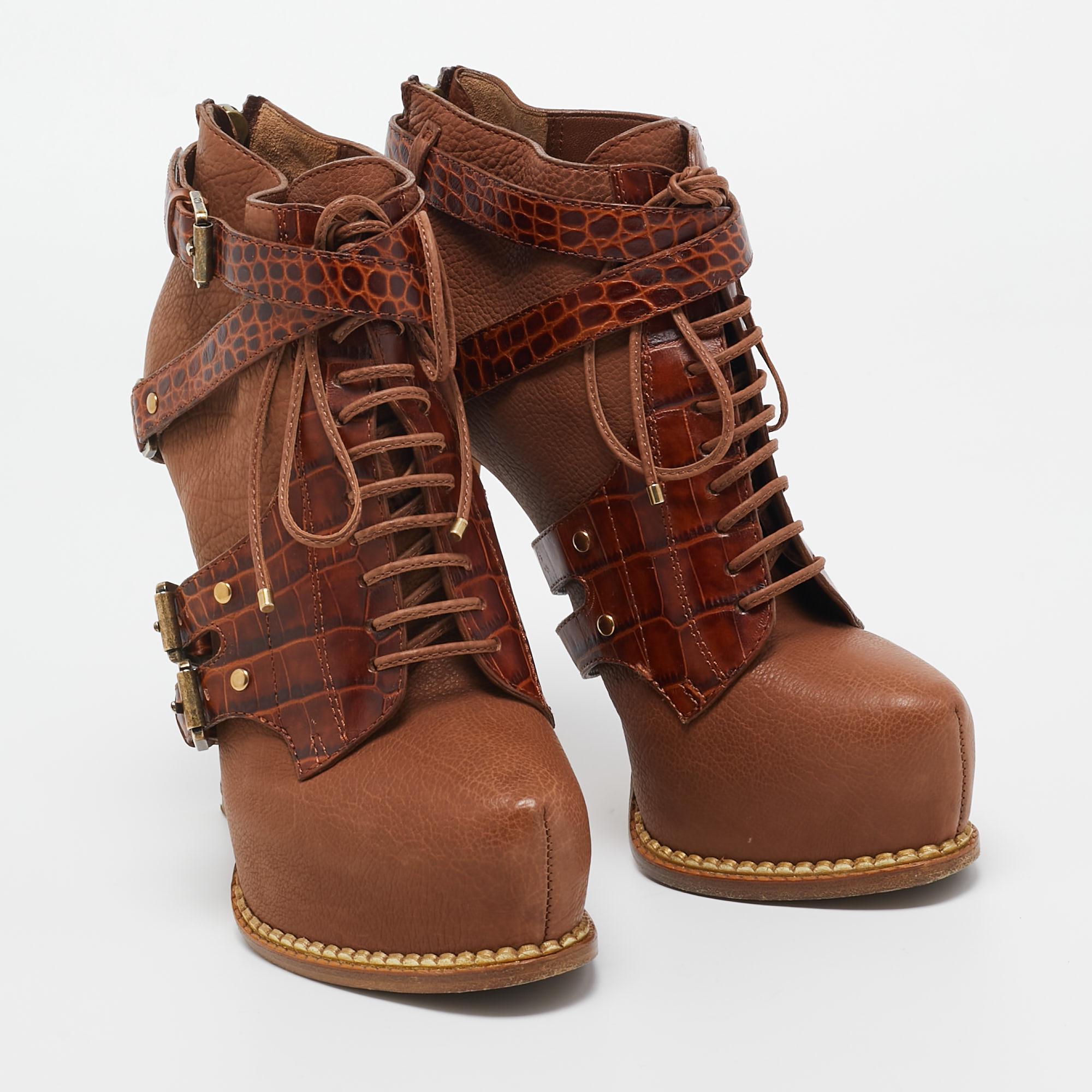 Christian Dior Brown Croc Embossed and Leather Lace Up Boots Size 35 1