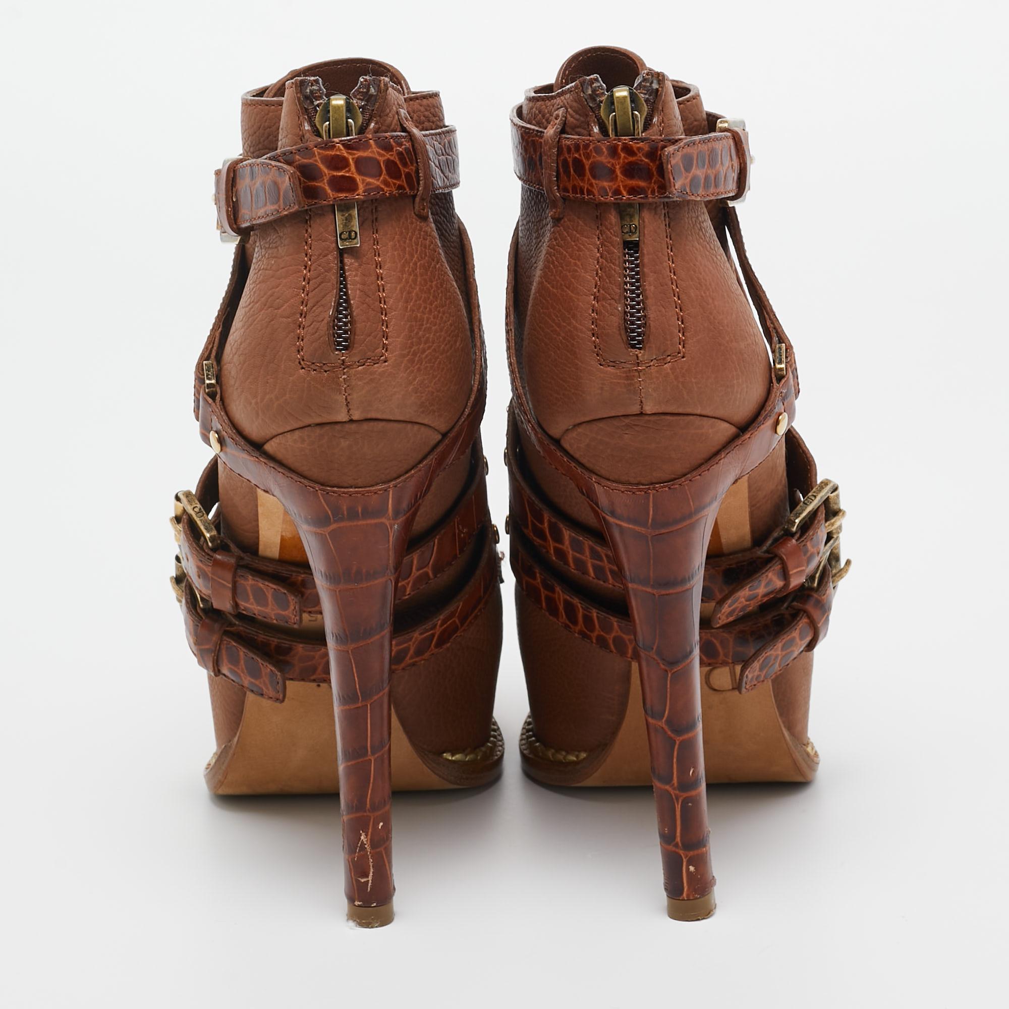 Christian Dior Brown Croc Embossed and Leather Lace Up Boots Size 35 2