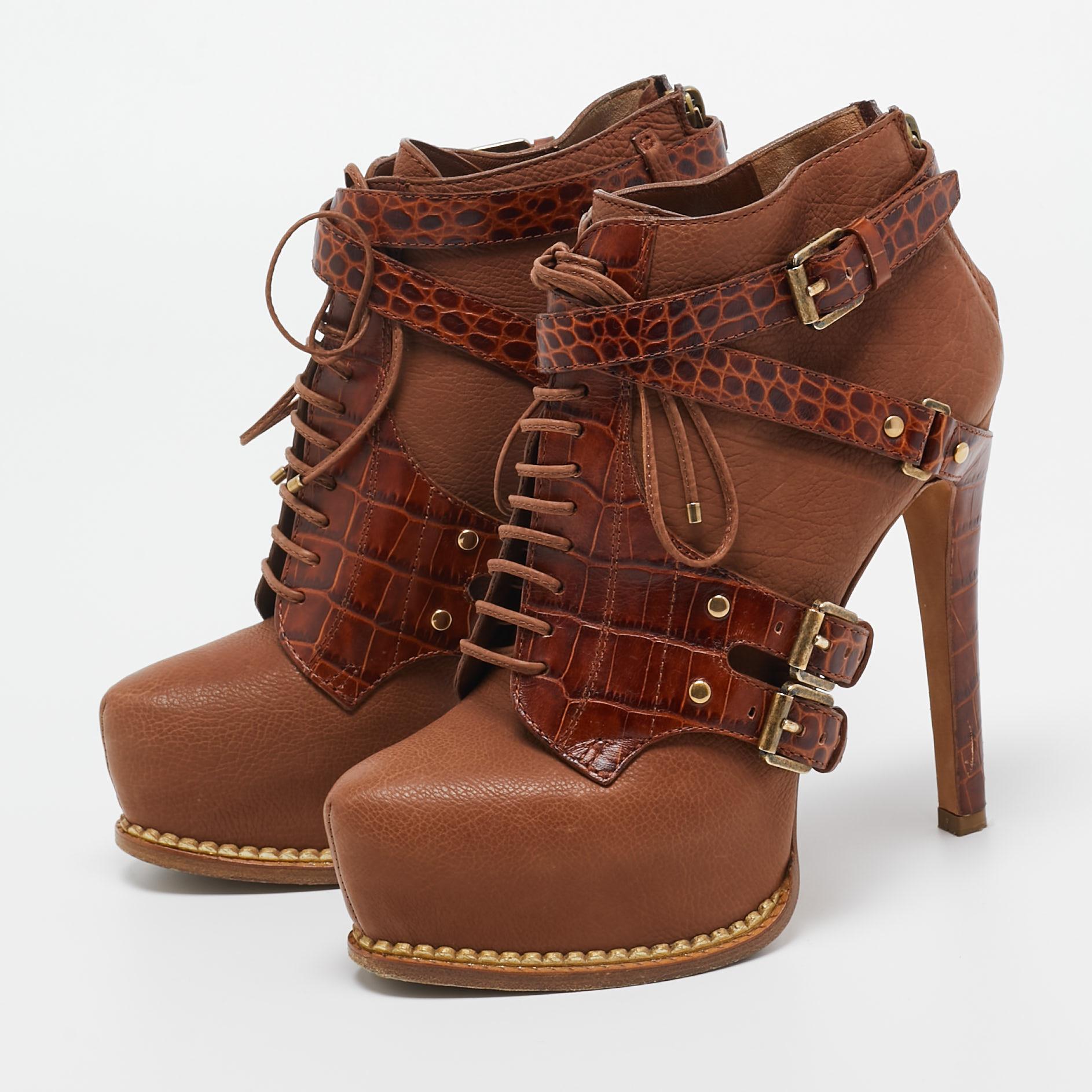 Christian Dior Brown Croc Embossed and Leather Lace Up Boots Size 35 3