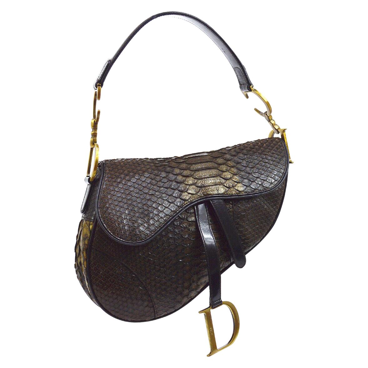 Christian Dior Brown Gold Exotic Snakeskin  Leather 'CD' Logo Charm Shoulder Bag