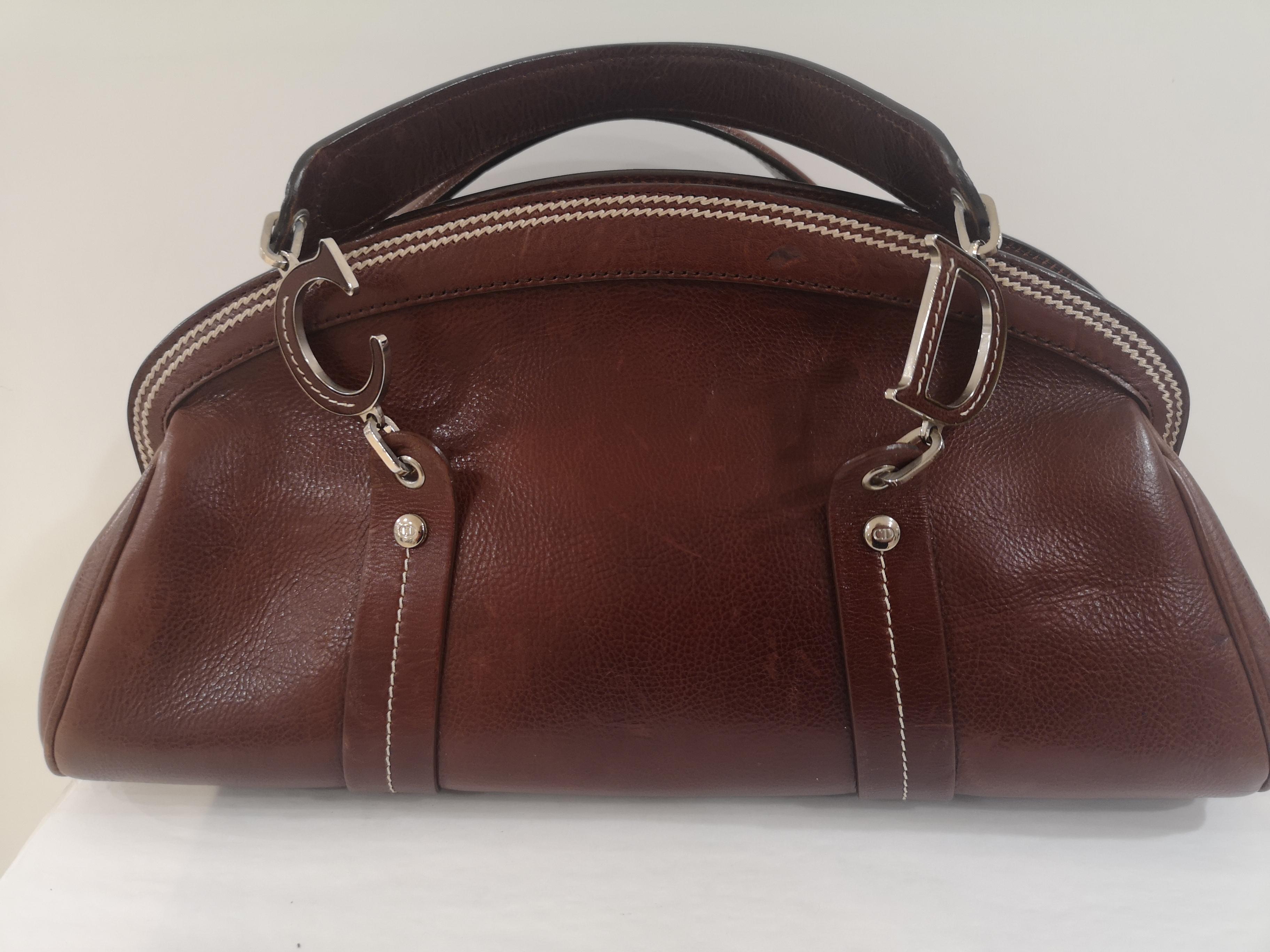 Christian Dior Brown Leather flowers frame satchel /  handbag In Excellent Condition In Capri, IT