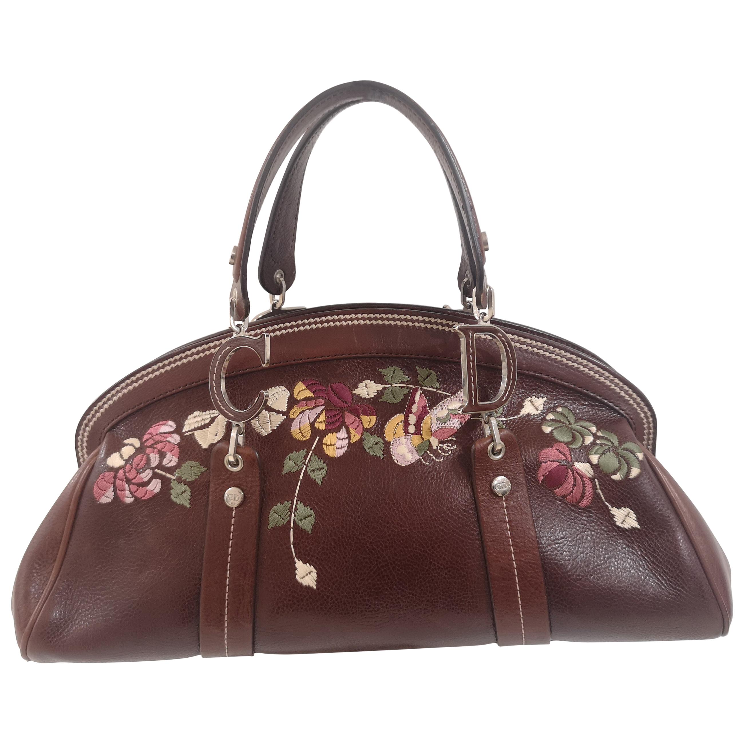 Christian Dior Brown Leather flowers frame satchel /  handbag