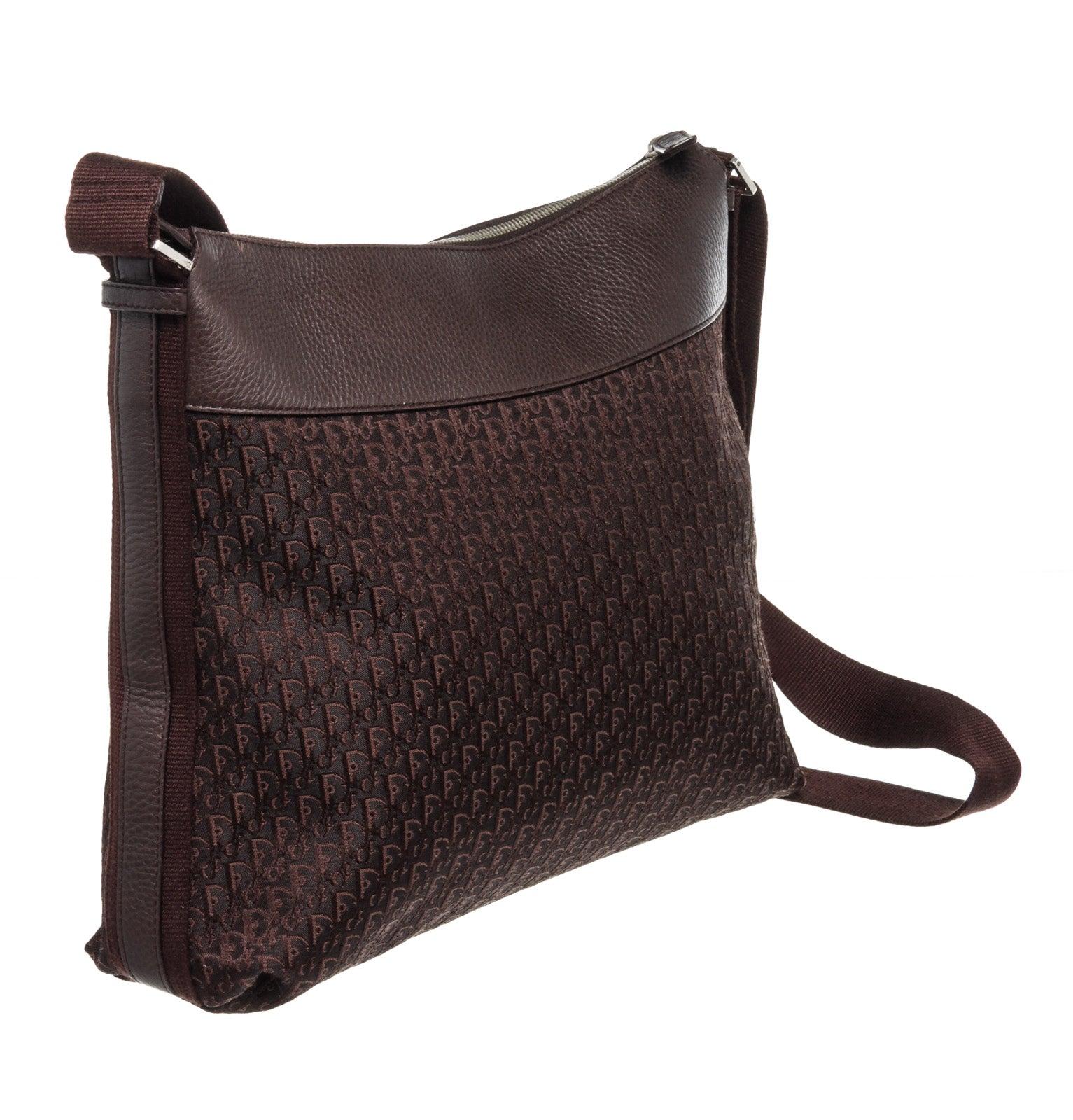 Christian Dior Braune Trotteur Große Crossbody-Tasche aus Leder mit Segeltuch, goldfarben (Schwarz) im Angebot