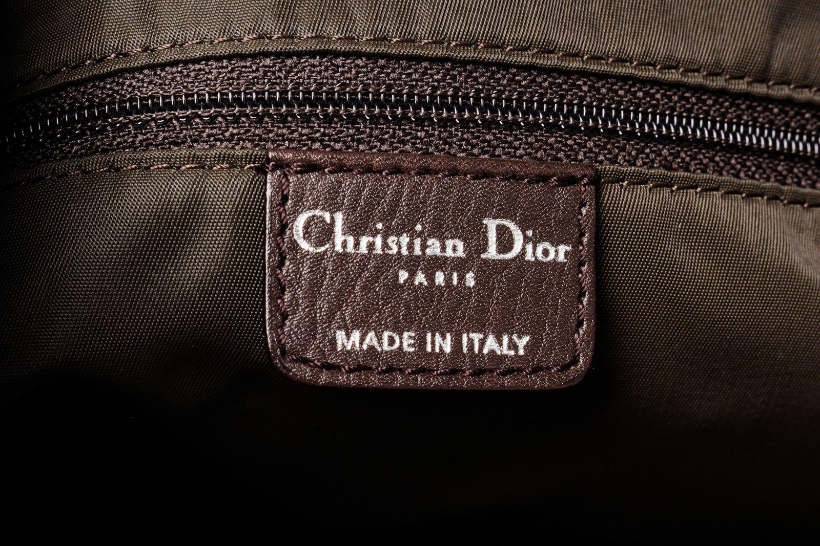 Christian Dior Braune Trotteur Große Crossbody-Tasche aus Leder mit Segeltuch, goldfarben Damen im Angebot