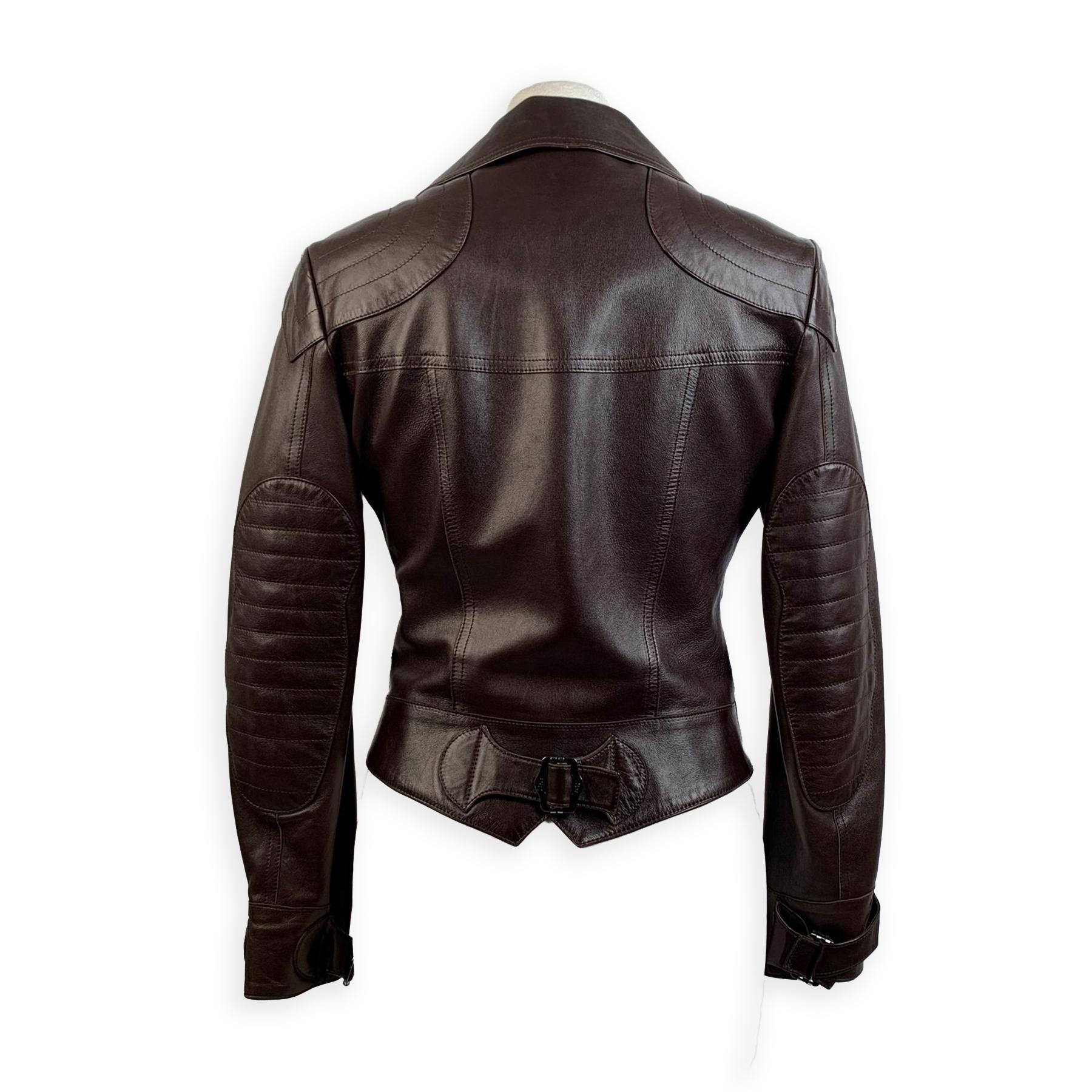 - Christian Dior Biker Style Jacket
- Brown lambskin leather
- Front zip closure on the front
- Long sleeve styling with buckles cuffs
- Zip pockets on the front
- Silk lining
- Size: 36 FR, 8 GB, 34 D, 4 USA. It should correspond to a SMALL size
-