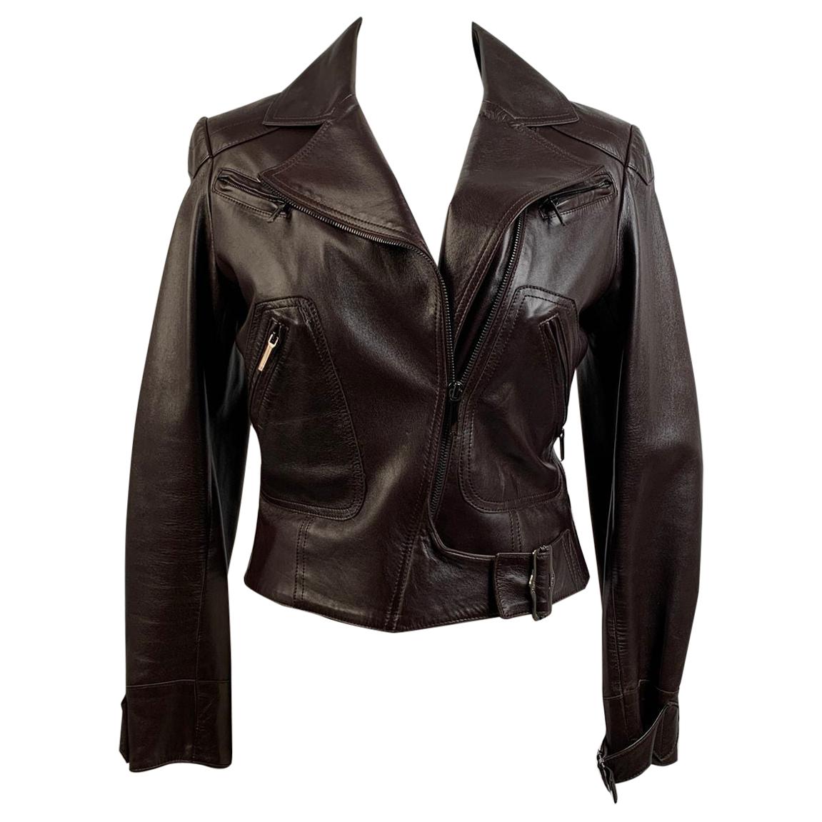 Christian Dior Brown Leather Women Biker Jacket Size 36