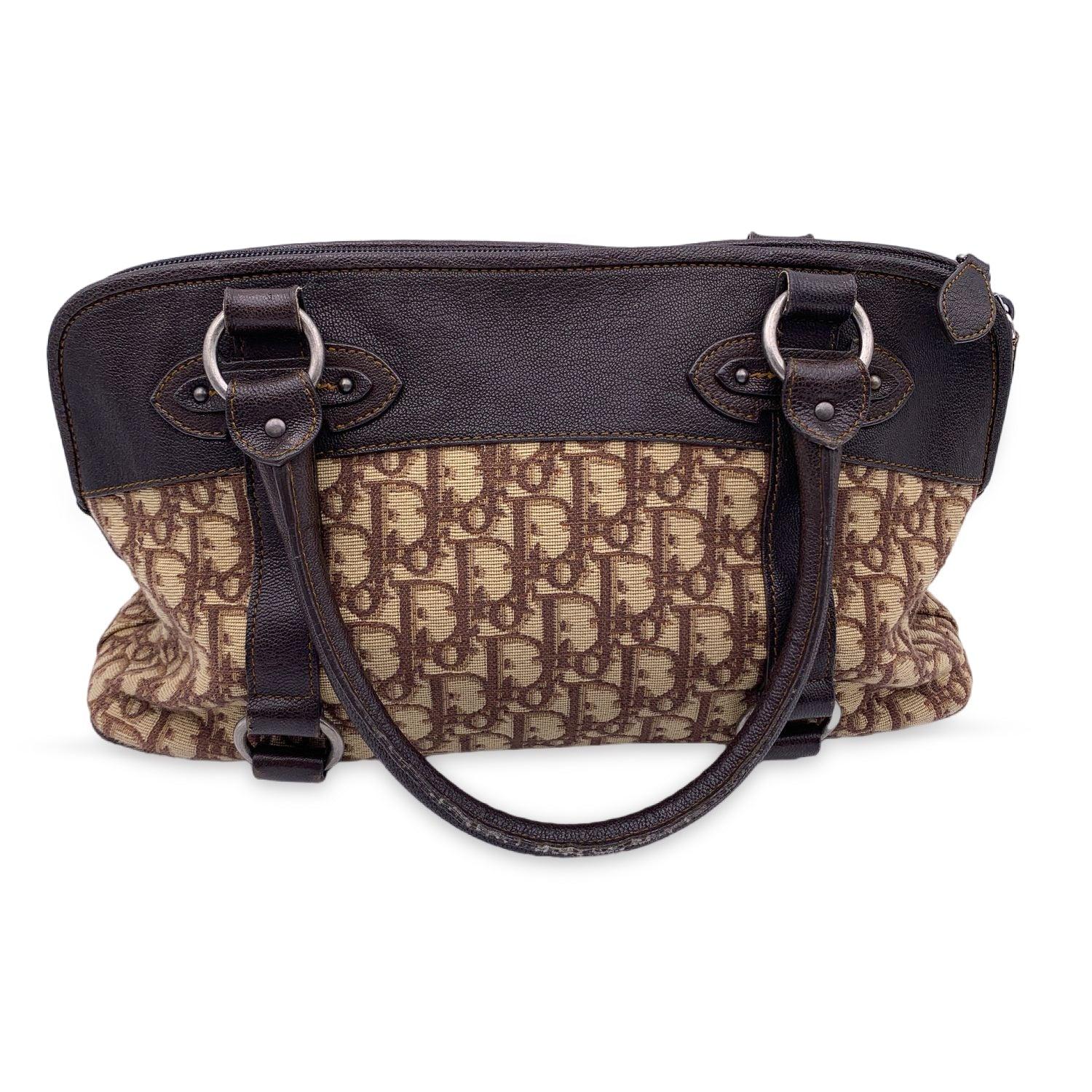 Noir Christian Dior Brown Logo Oblique Canvas Satchel Shoulder Bag en vente